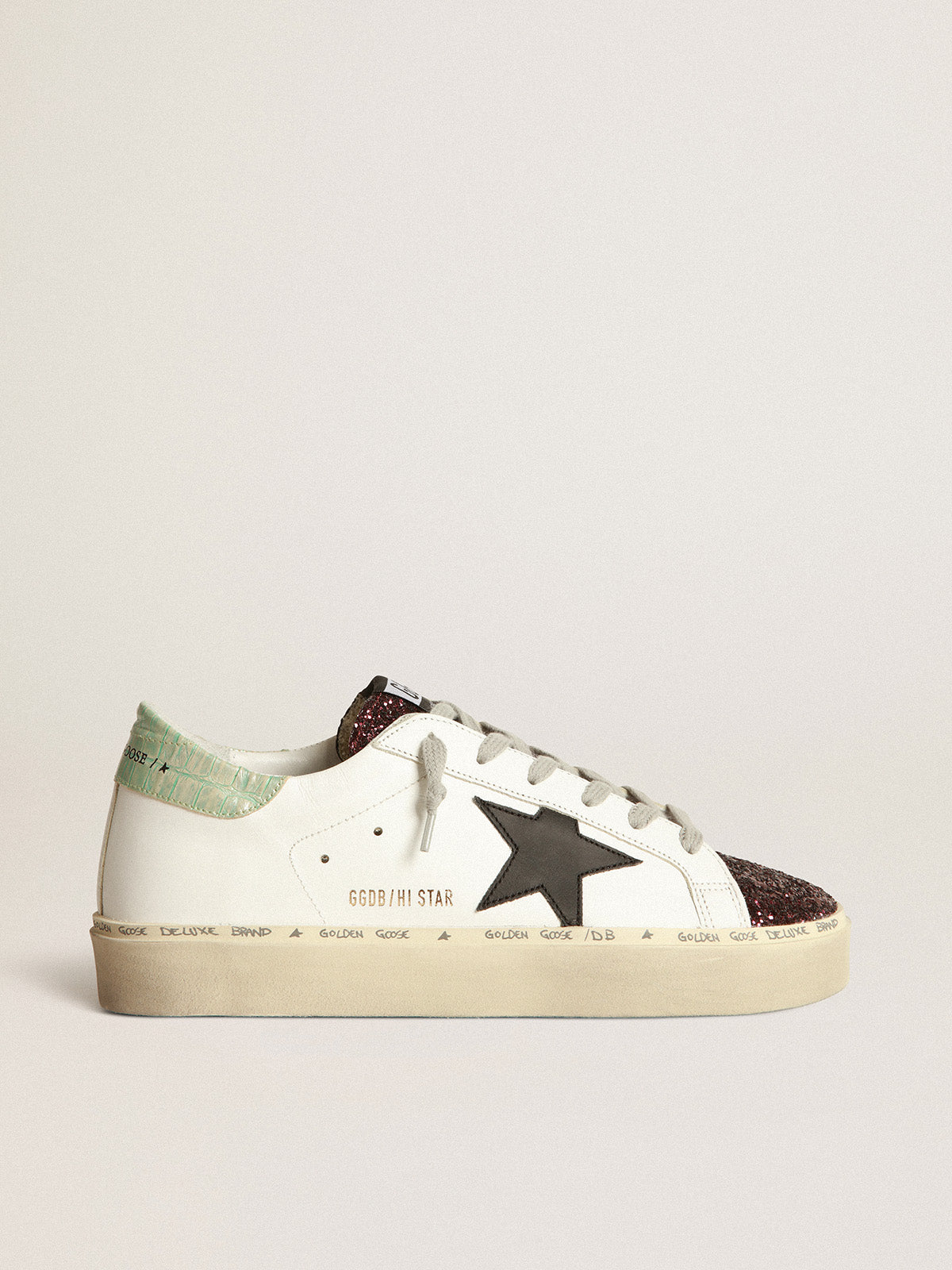 White Hi-Star sneakers with glittery insert and black star| Golden Goose