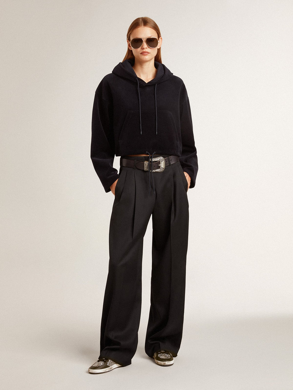 Women's black chenille sweatshirt with embroidery on the back| Golden Goose