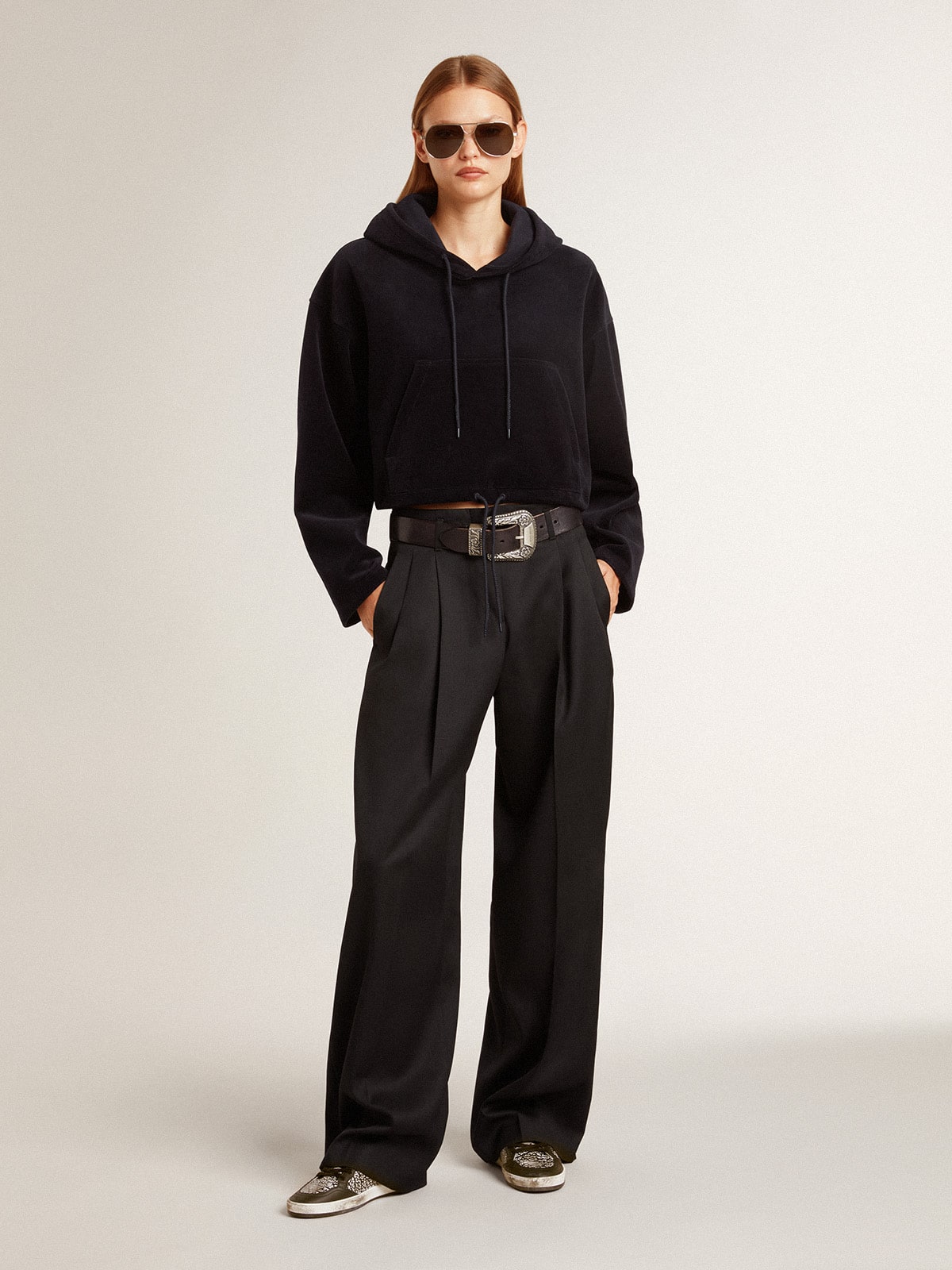 Women's black chenille sweatshirt with embroidery on the back| Golden Goose