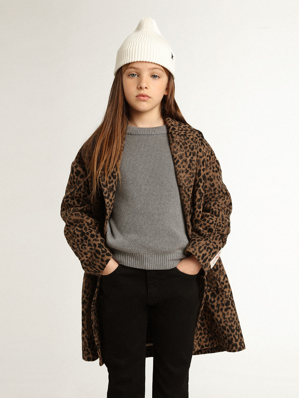 Girls' single-breasted coat in wool with jacquard animal print| Golden Goose