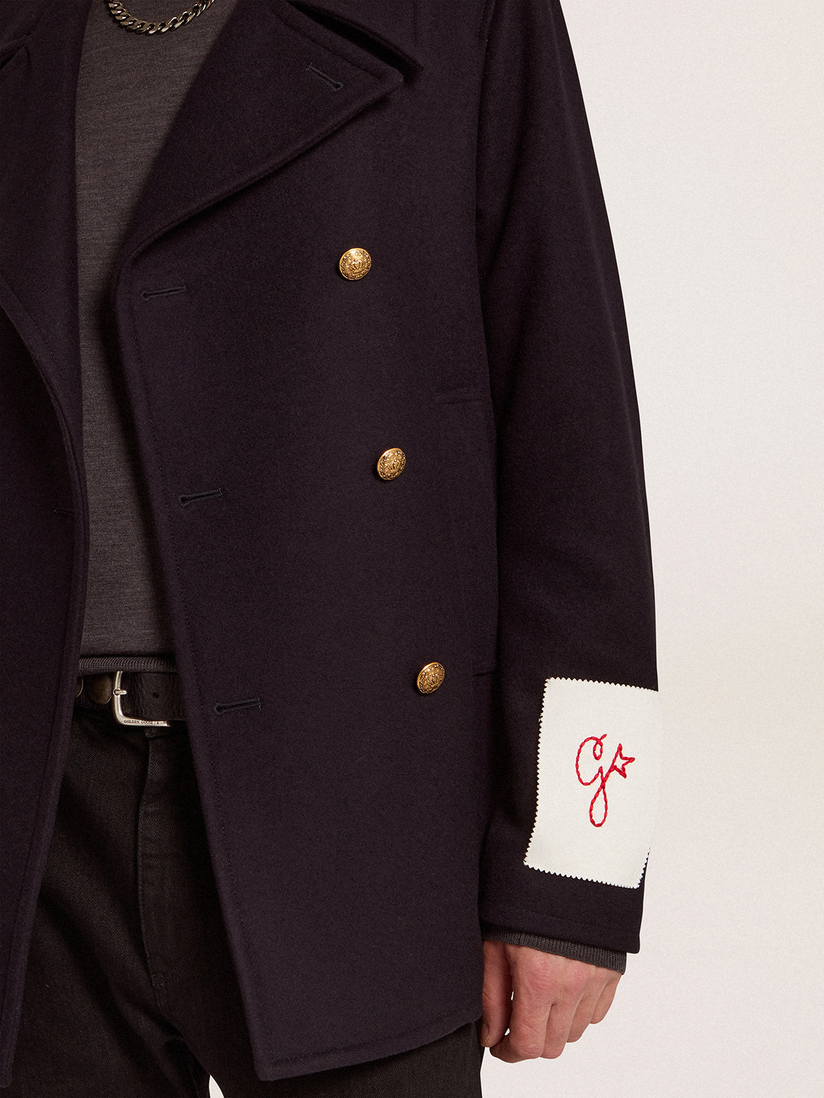 Men's double-breasted coat in dark blue wool with gold buttons| Golden Goose