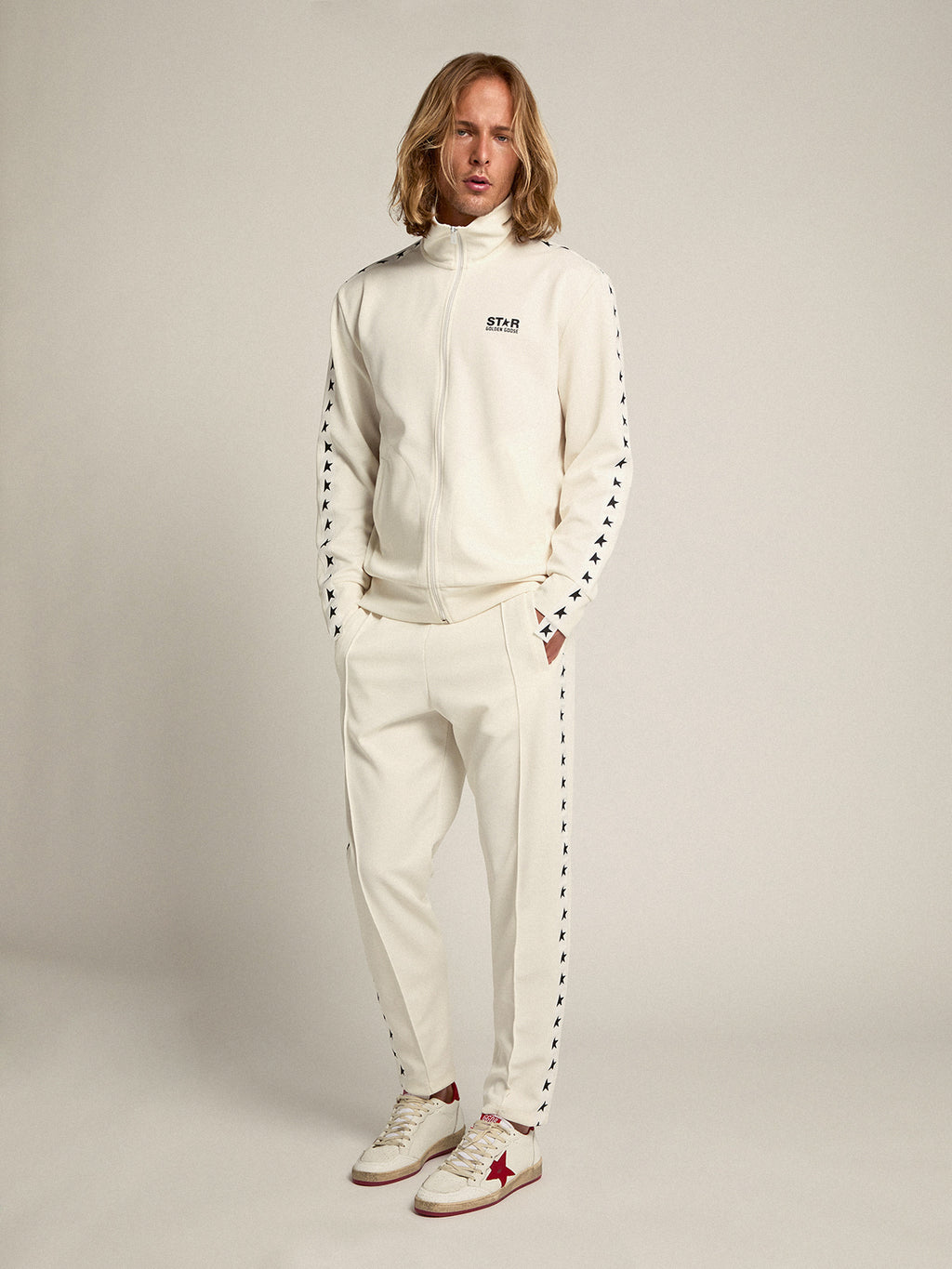 Men's papyrus white zipped sweatshirt with black stars| Golden Goose