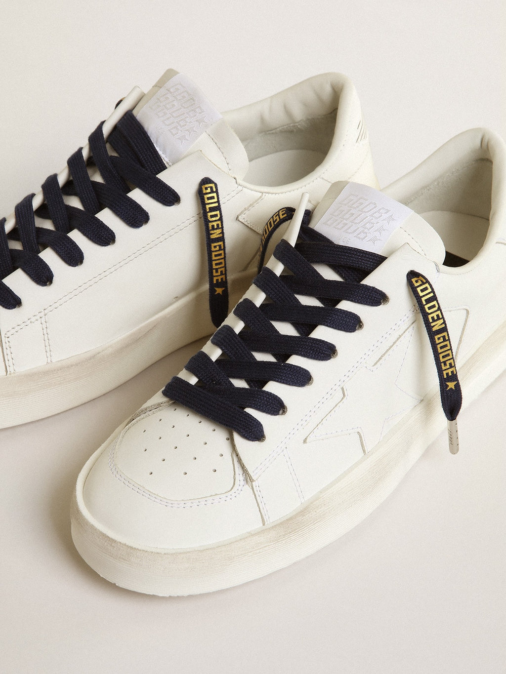 Navy blue cotton laces with contrasting gold logo| Golden Goose