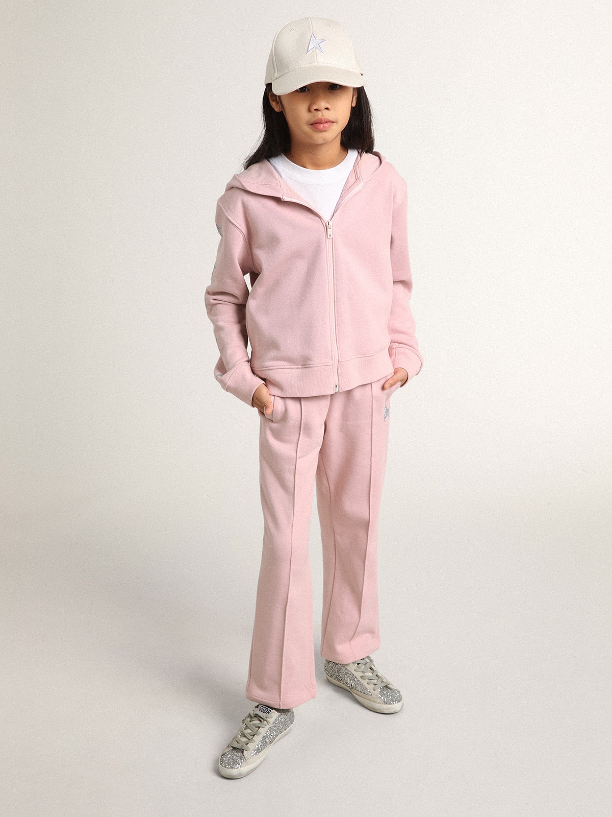 Pink sweatshirt with hood and silver glitter stars| Golden Goose