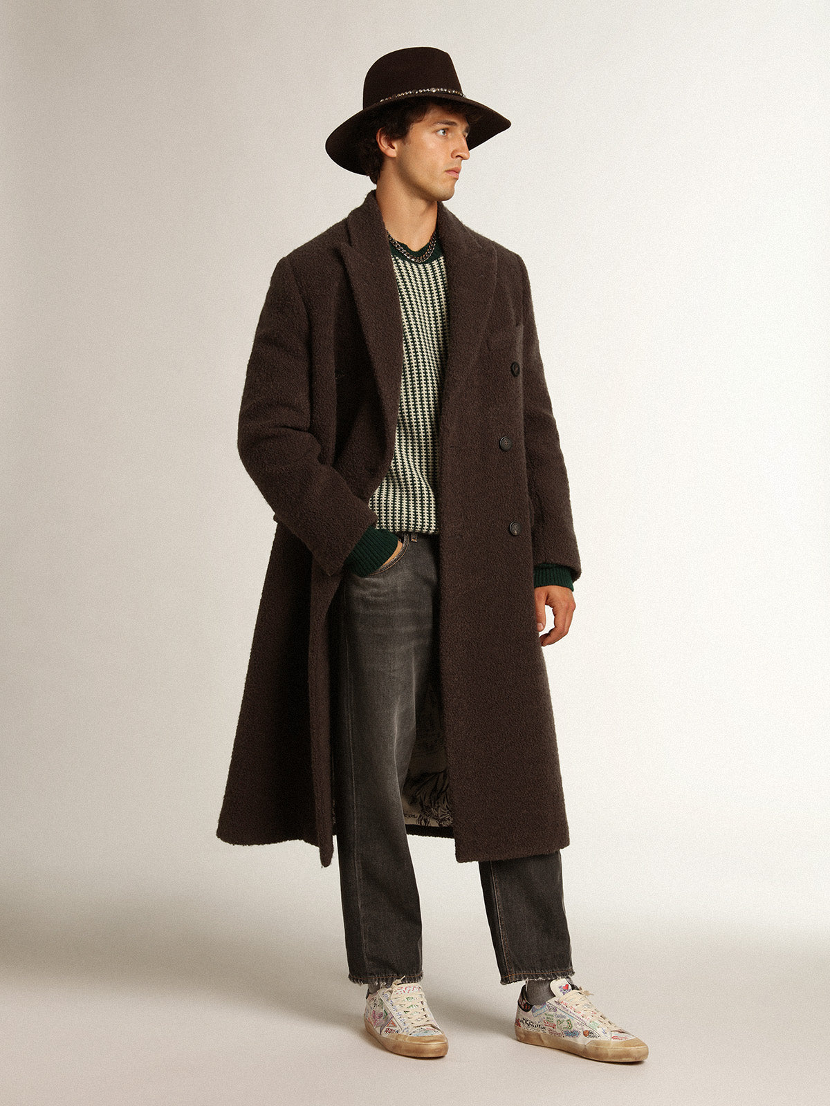 Men's round-neck sweater in two-tone white and green wool| Golden Goose