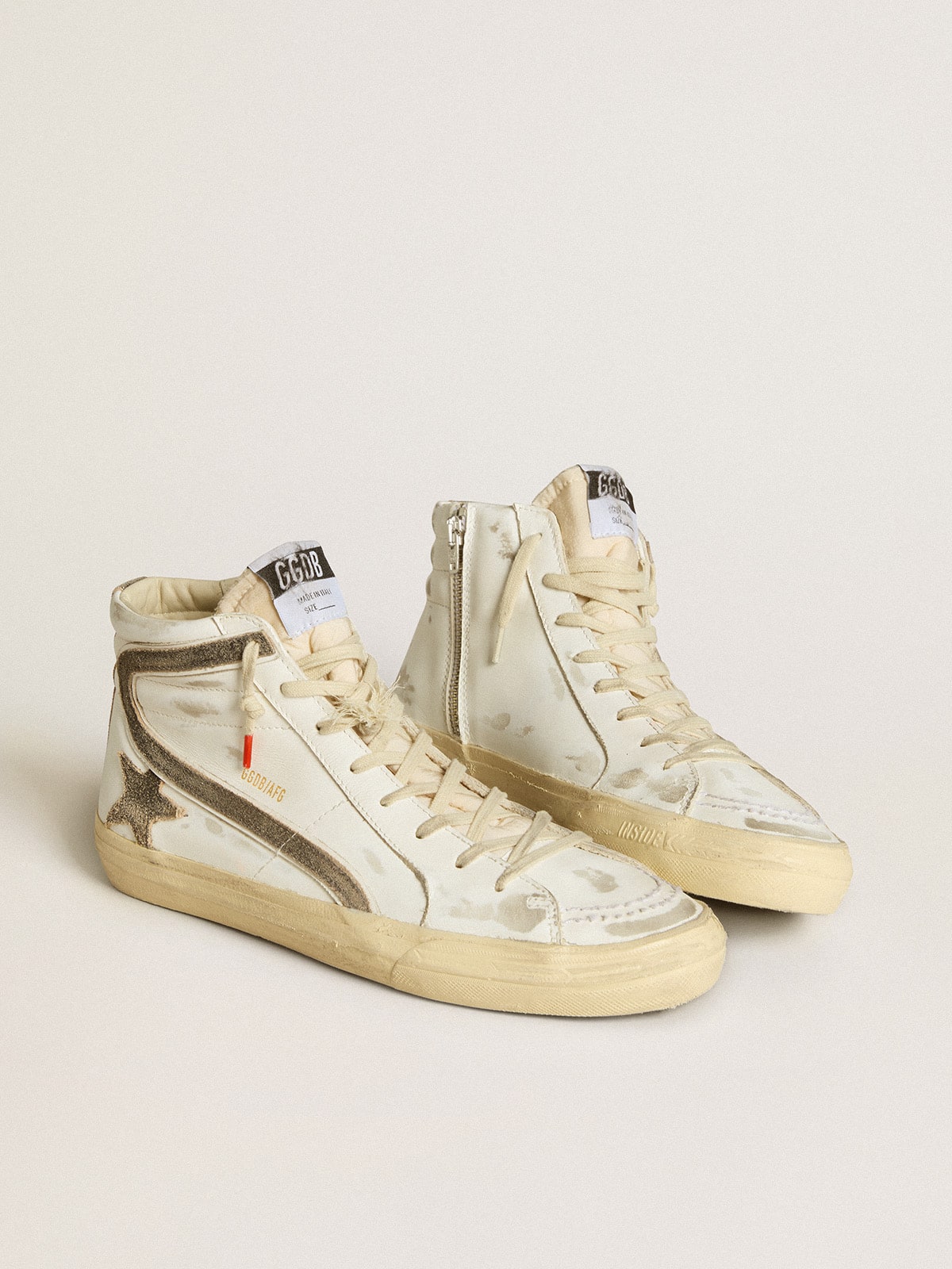 Men's Slide LAB in white leather with star and flash in brown suede| Golden Goose