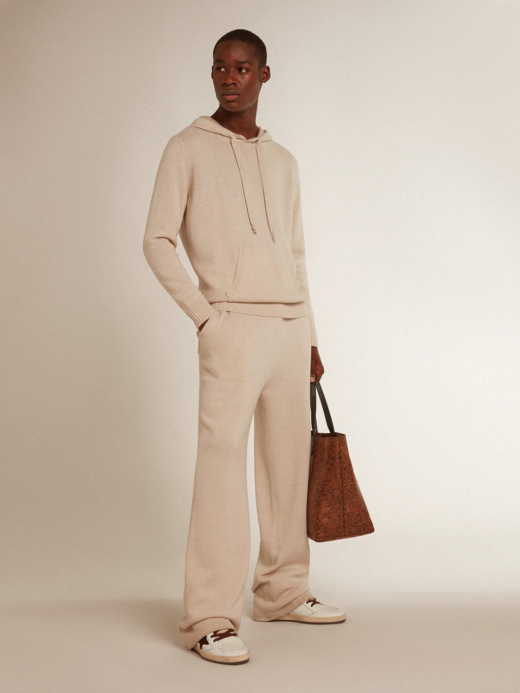 Men's white cashmere blend sweatshirt with hood| Golden Goose