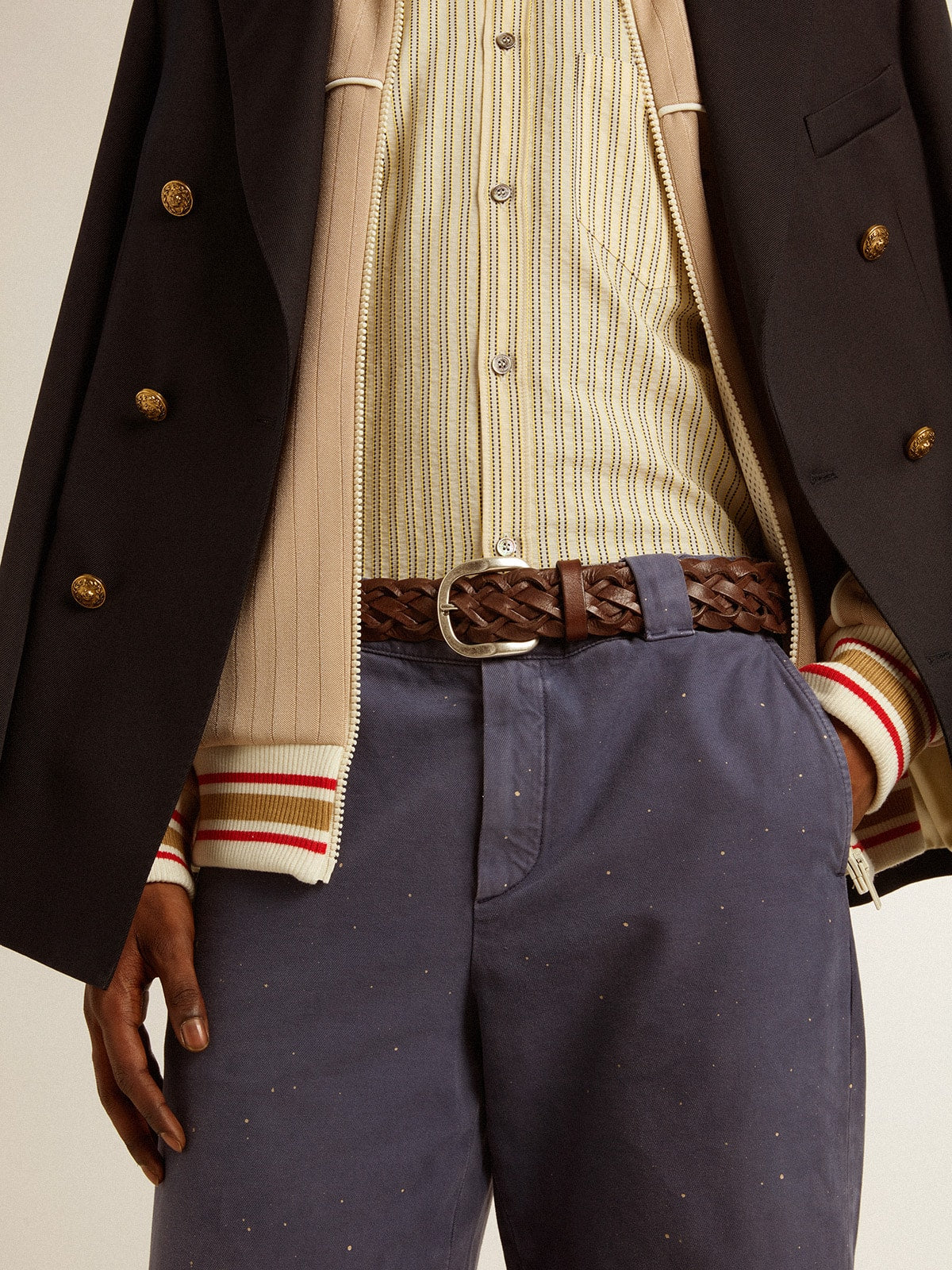 Men's dark brown woven leather belt| Golden Goose