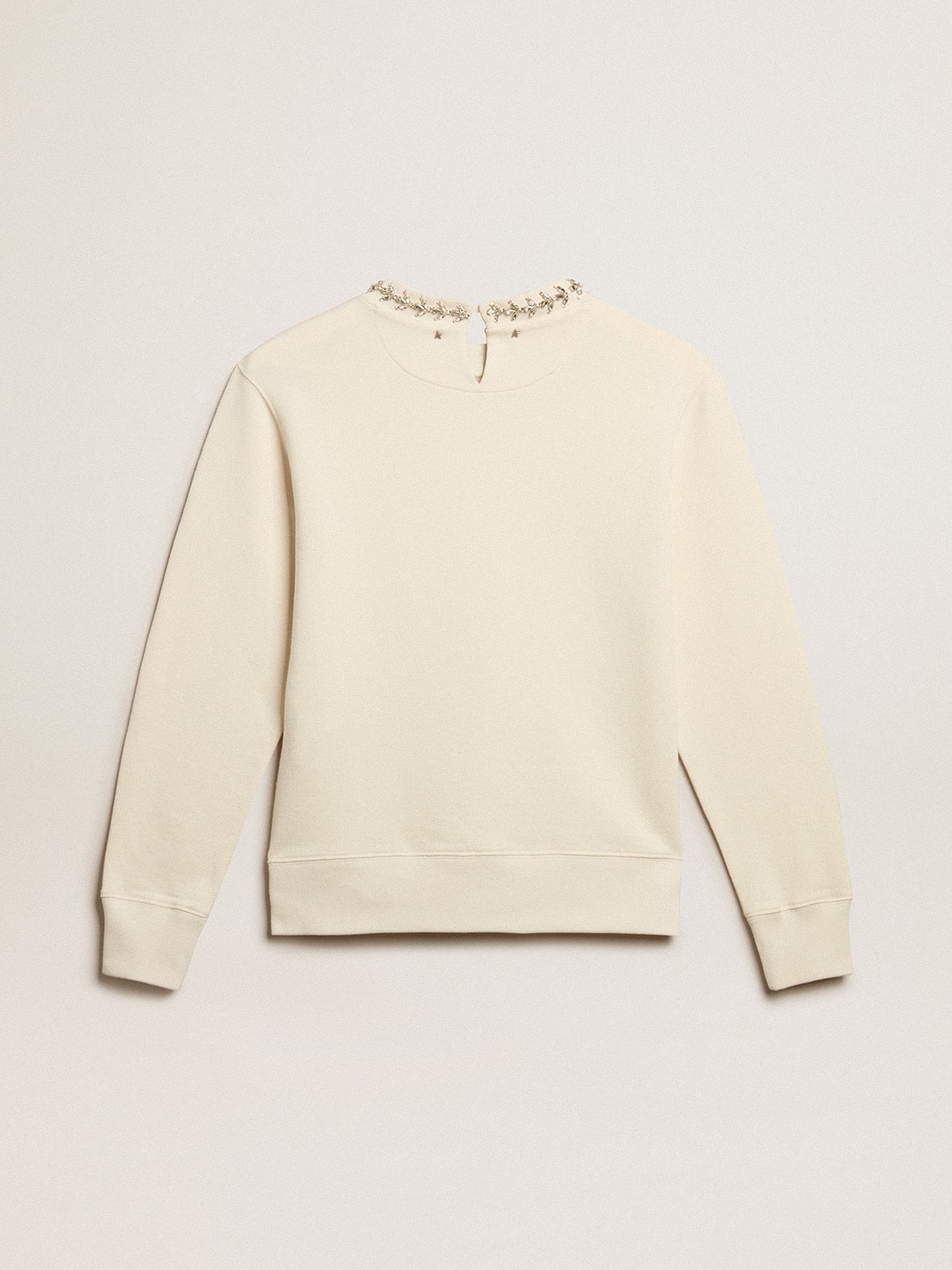 Round-neck cotton sweatshirt in aged white with hand-applied crystals| Golden Goose