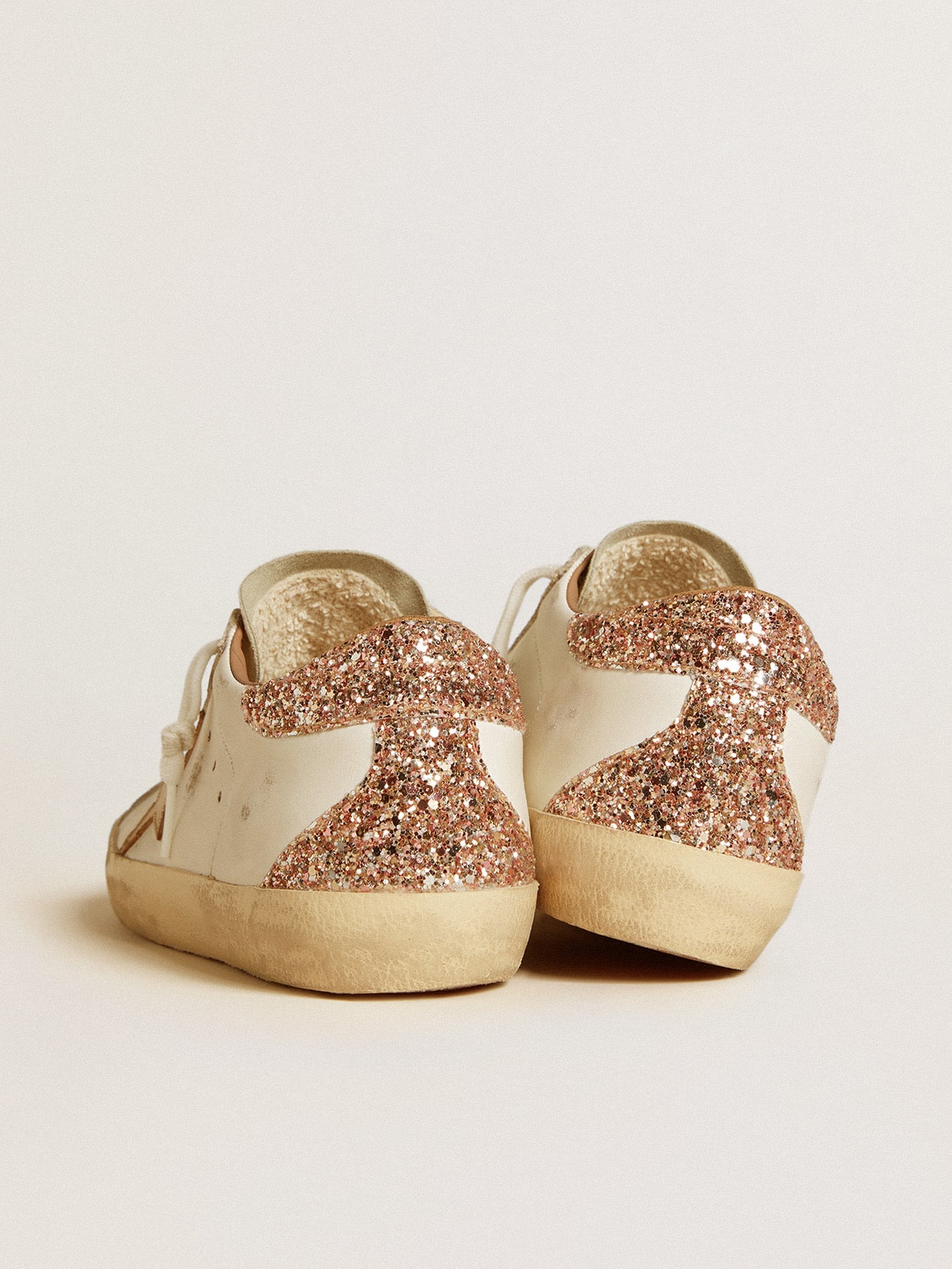 Super-Star with nude leather star and gold glitter heel tab| Golden Goose