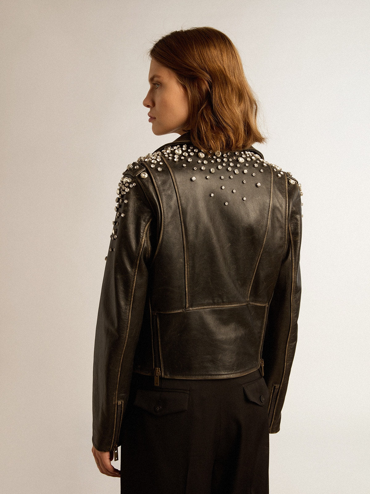 Women's leather biker jacket with crystals| Golden Goose
