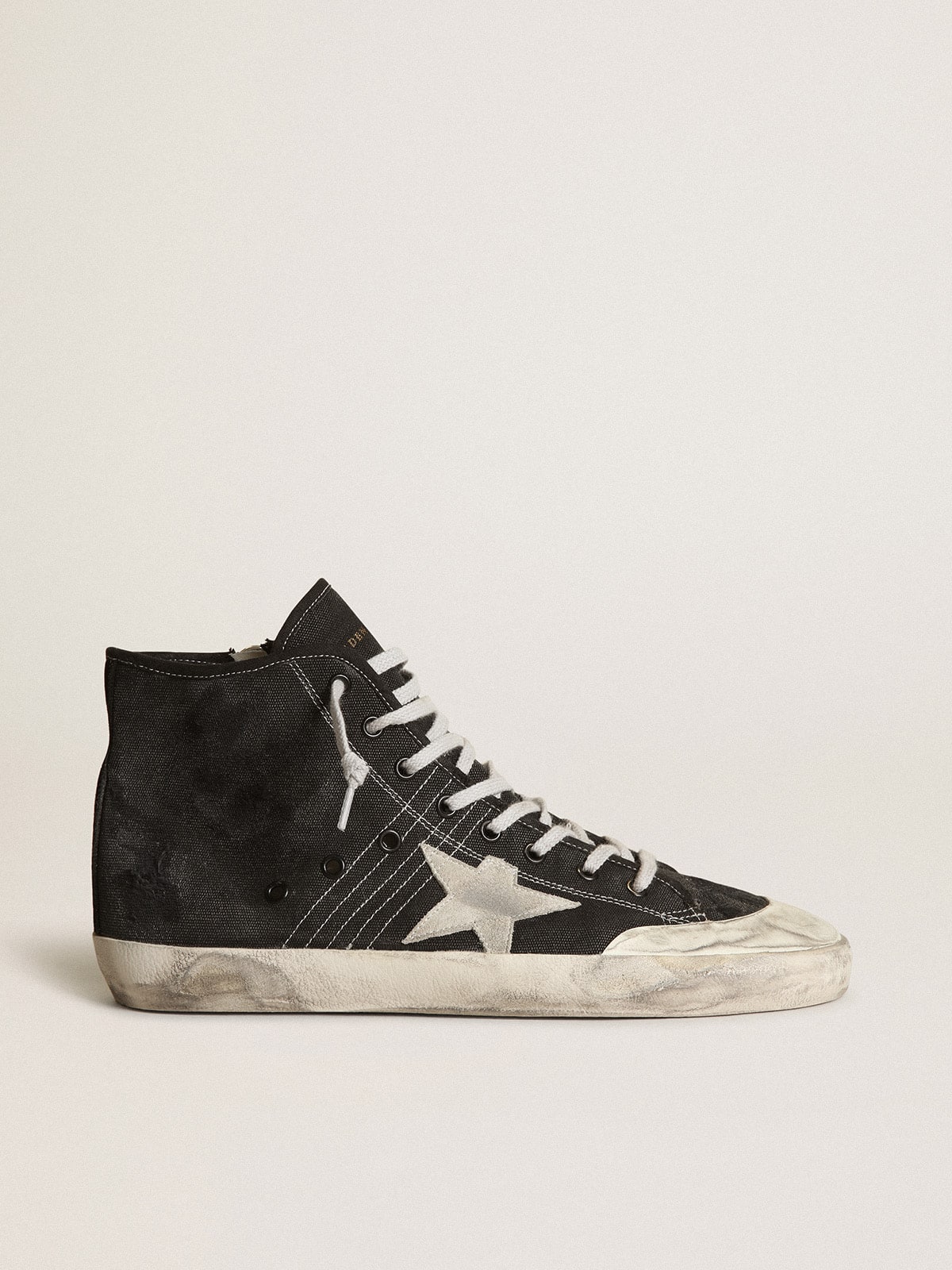 Francy Penstar in black canvas with white suede star and black suede heel tab| Golden Goose