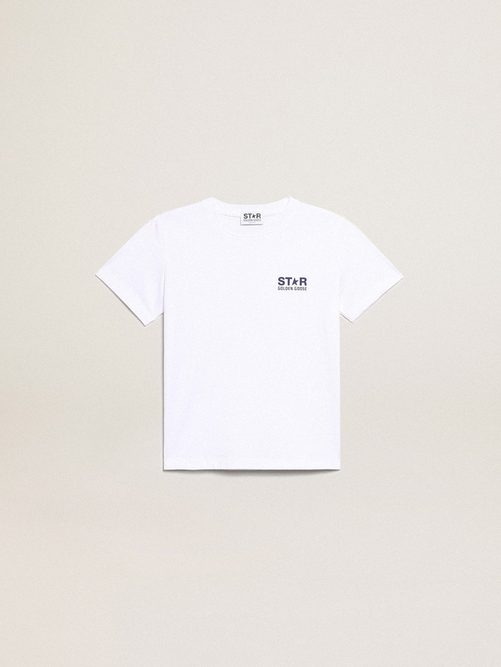 Boys' white T-shirt with contrasting dark blue logo and star| Golden Goose