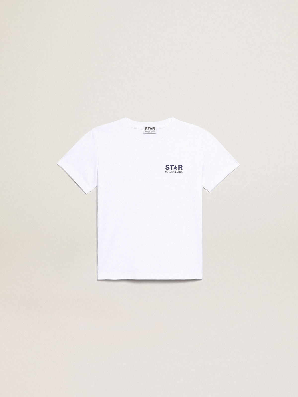 Boys' white T-shirt with contrasting dark blue logo and star| Golden Goose