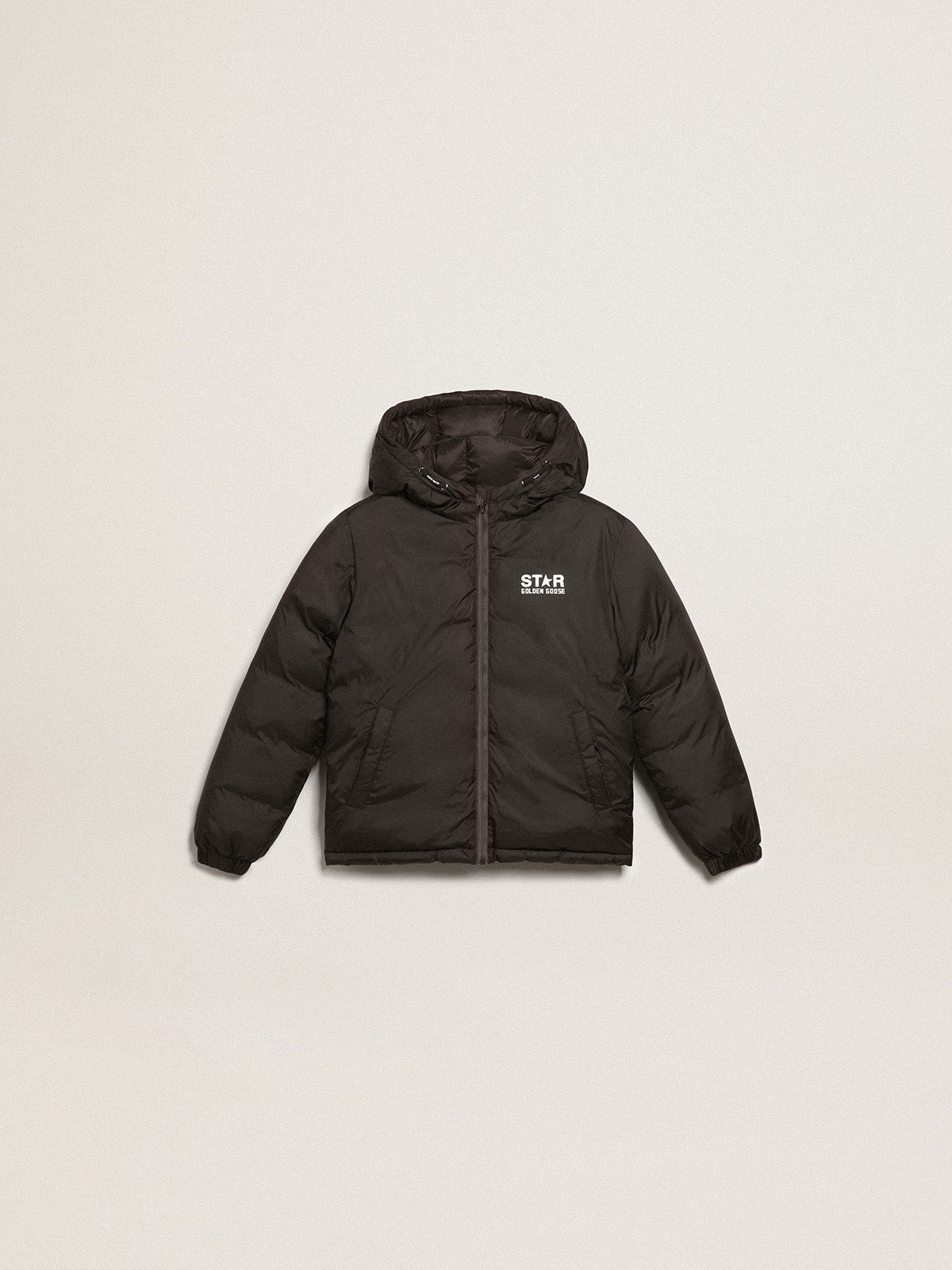 Black jacket with hood and maxi star on the back| Golden Goose