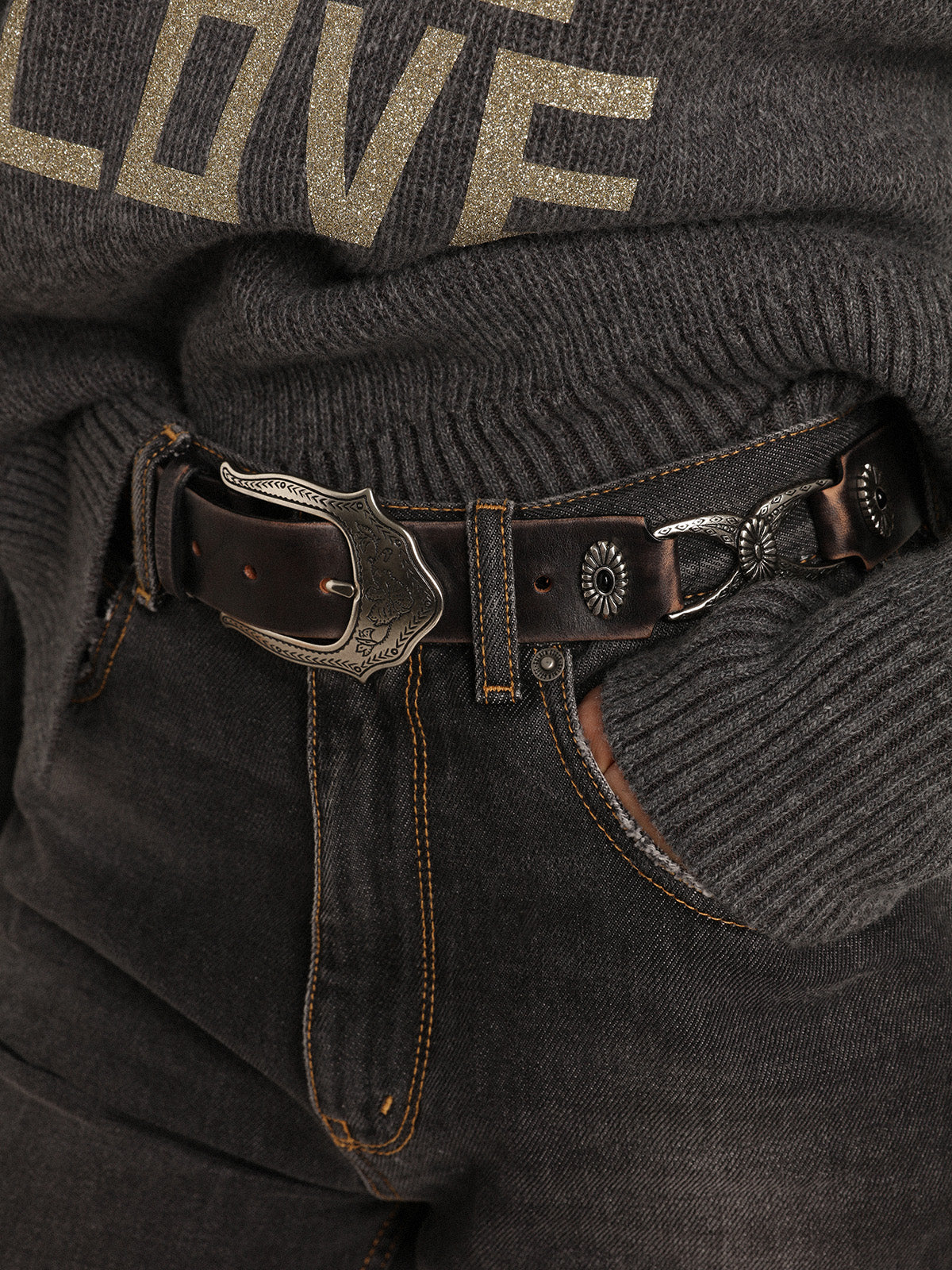 Women's belt in black leather with silver decorations| Golden Goose