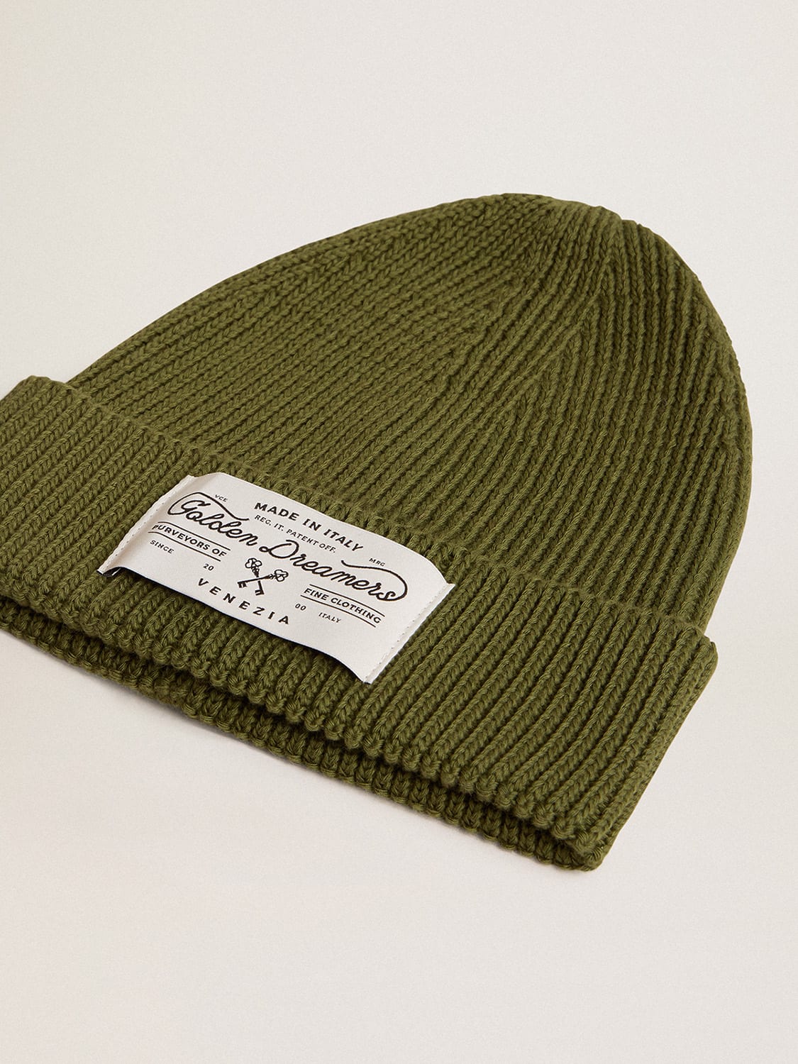 Military-green cotton beanie with appliqué label on the front| Golden Goose