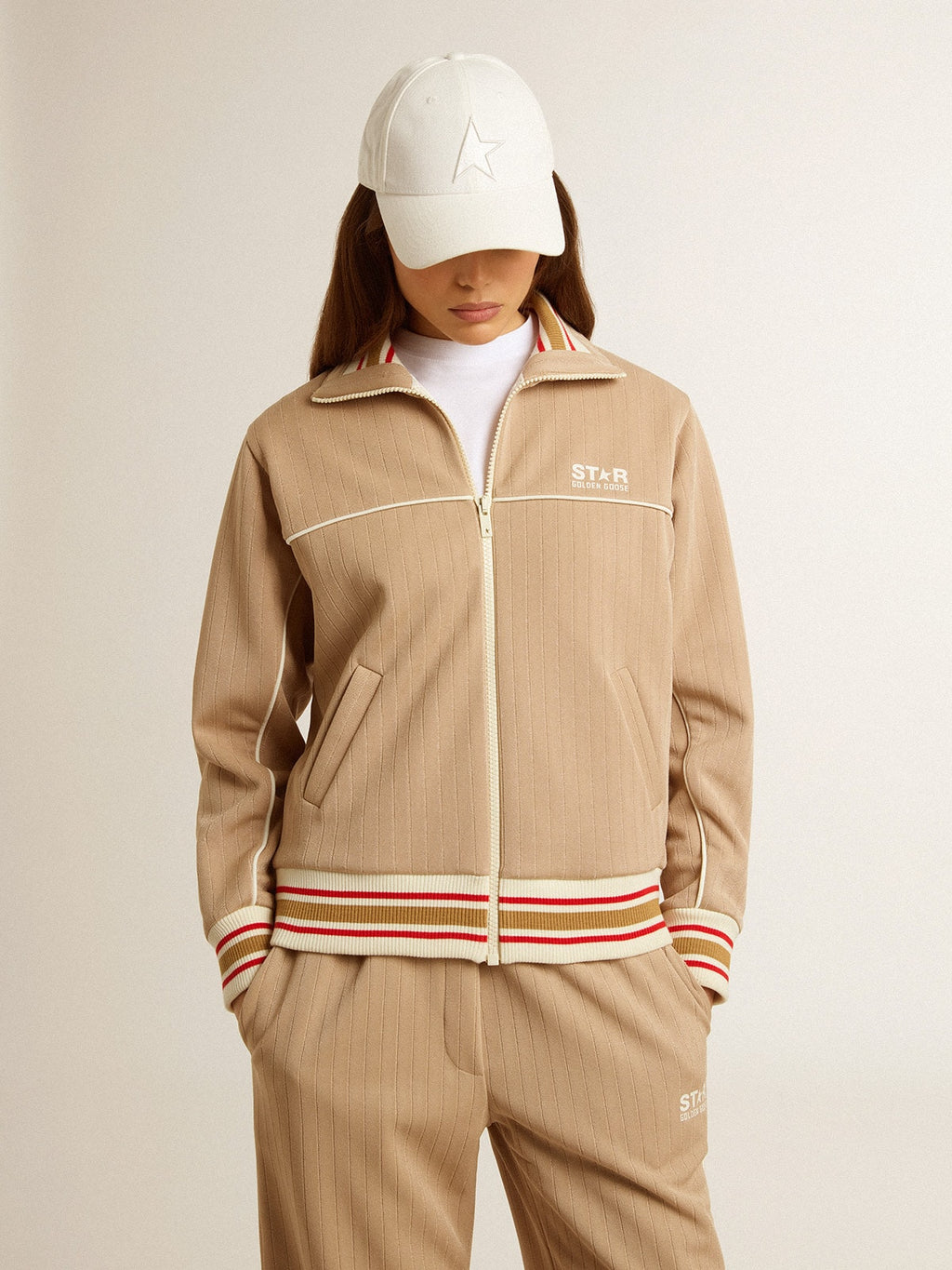 Women's light beige zipped sweatshirt with white logo| Golden Goose