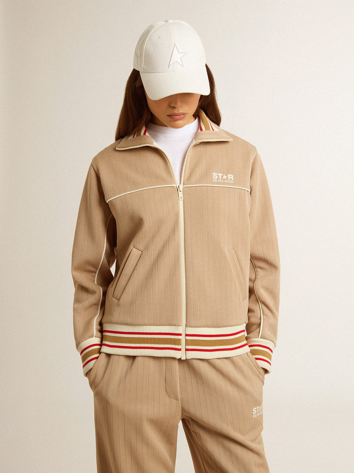 Women's light beige zipped sweatshirt with white logo| Golden Goose