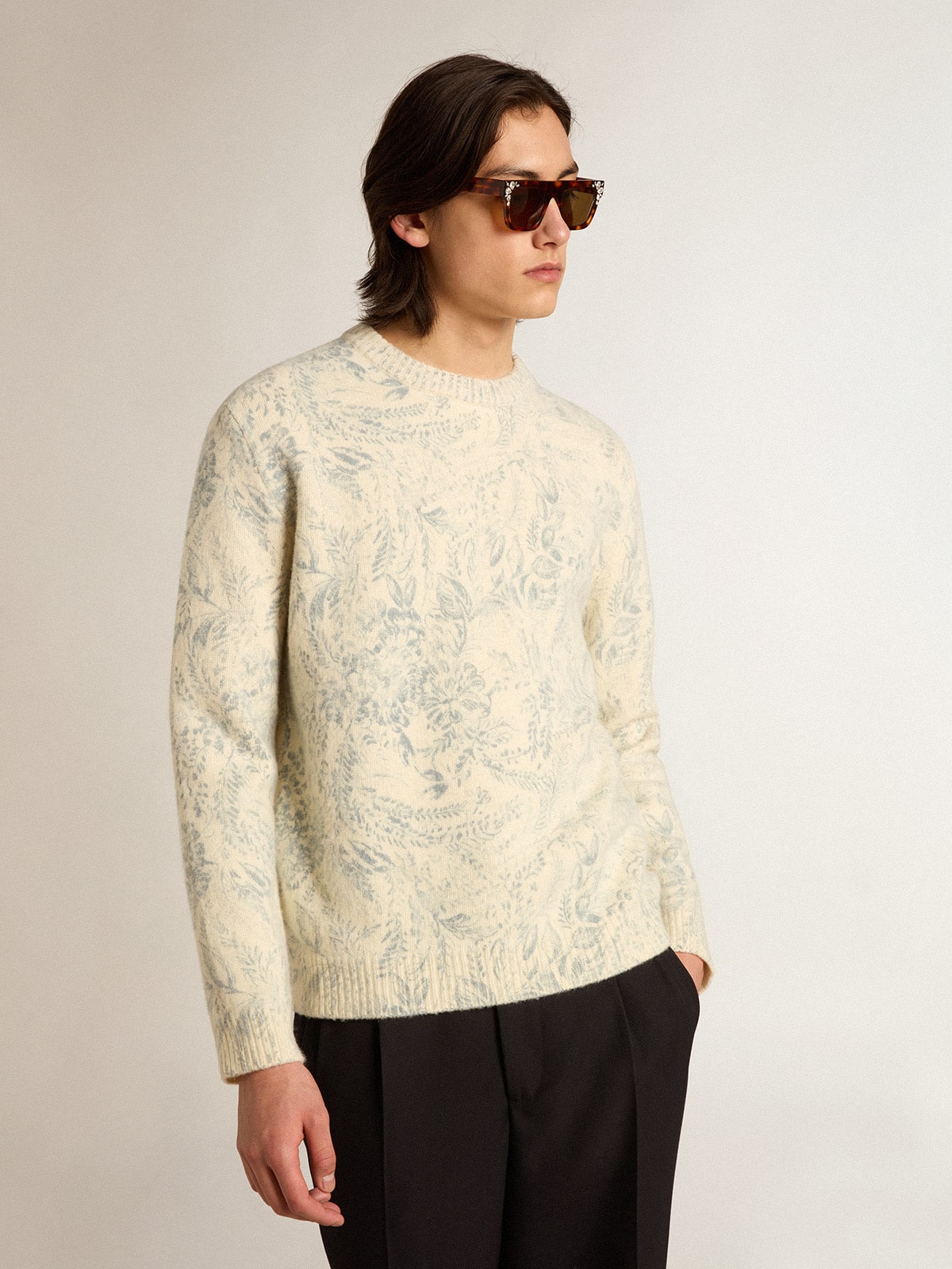 Men's round-neck sweater in wool with all-over toile de jouy pattern| Golden Goose