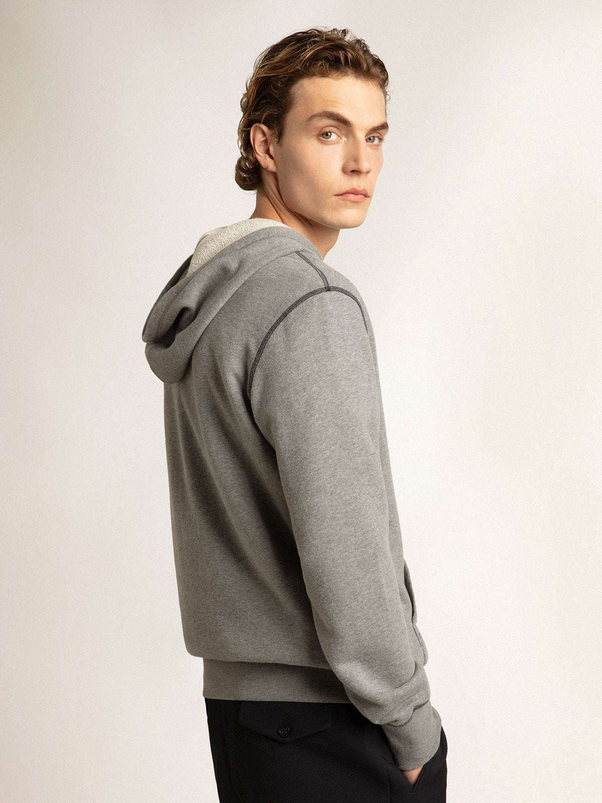 Gray melange cotton sweatshirt with hood| Golden Goose