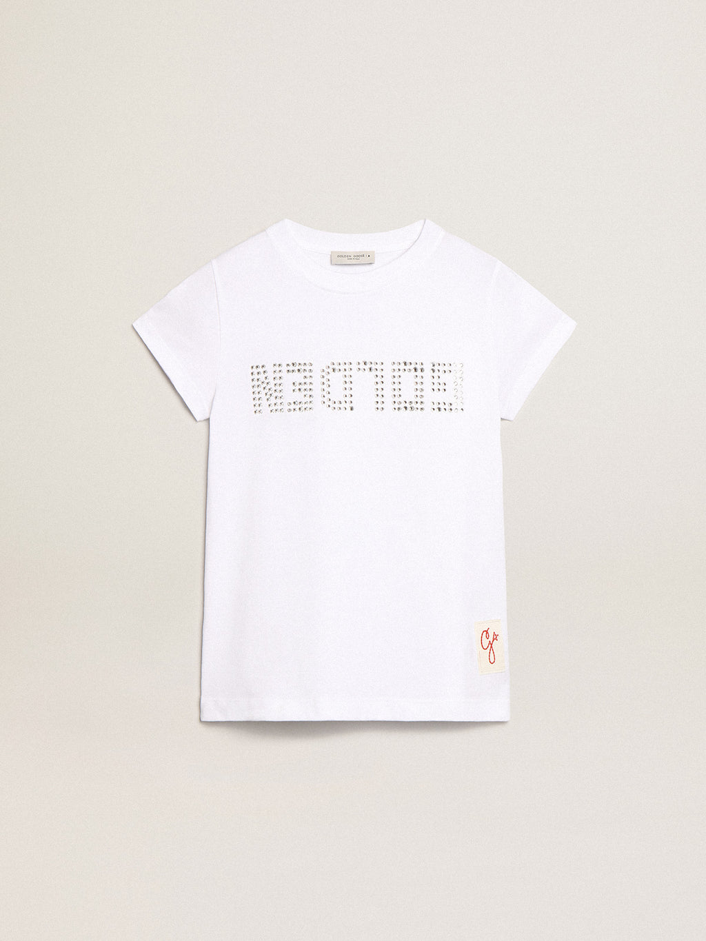 White T-shirt with central Golden lettering in crystals| Golden Goose