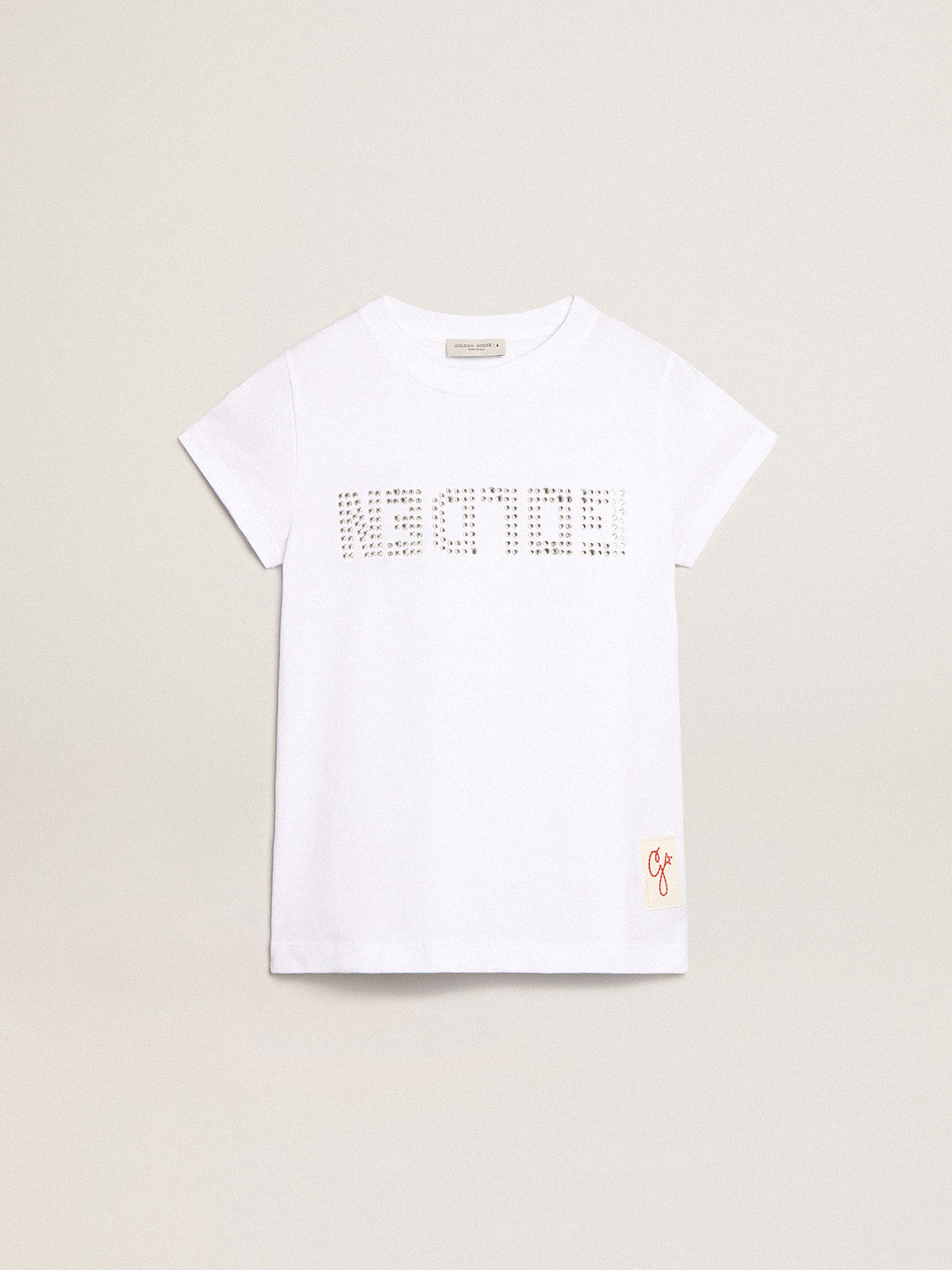 White T-shirt with central Golden lettering in crystals| Golden Goose
