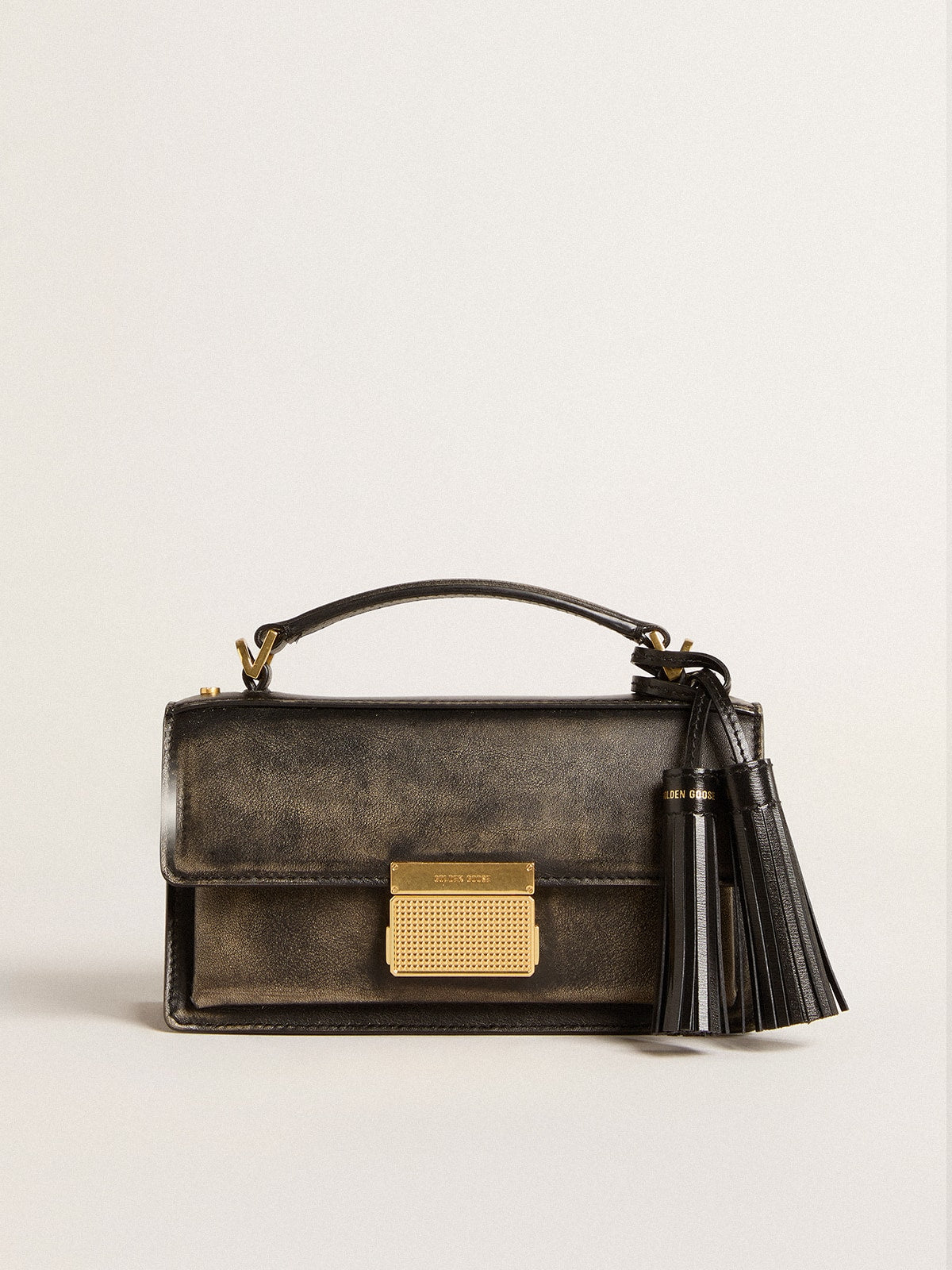 Small Venezia Bag in black distressed leather with gold details| Golden Goose