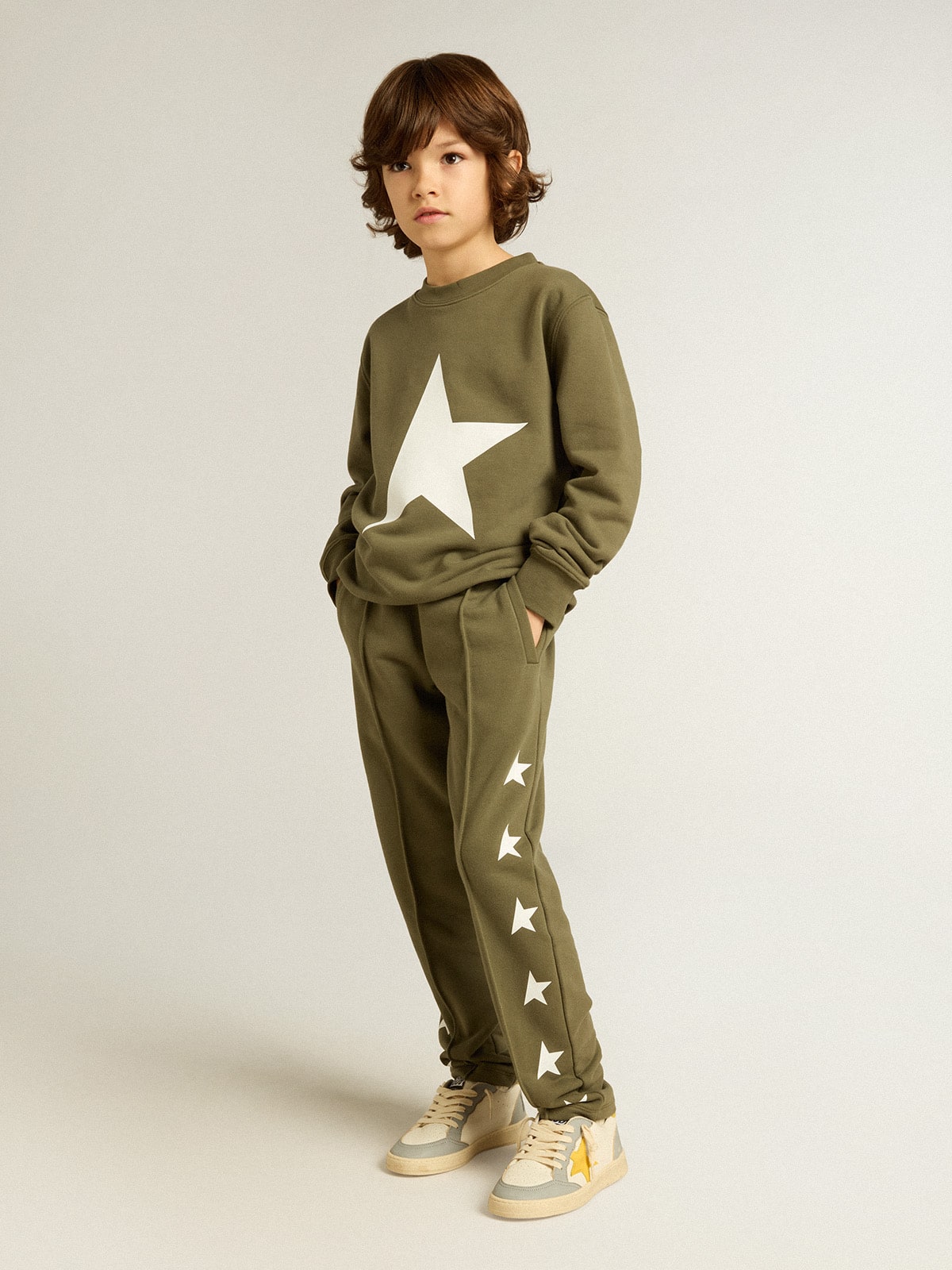 Boys' military-green joggers with white stars| Golden Goose