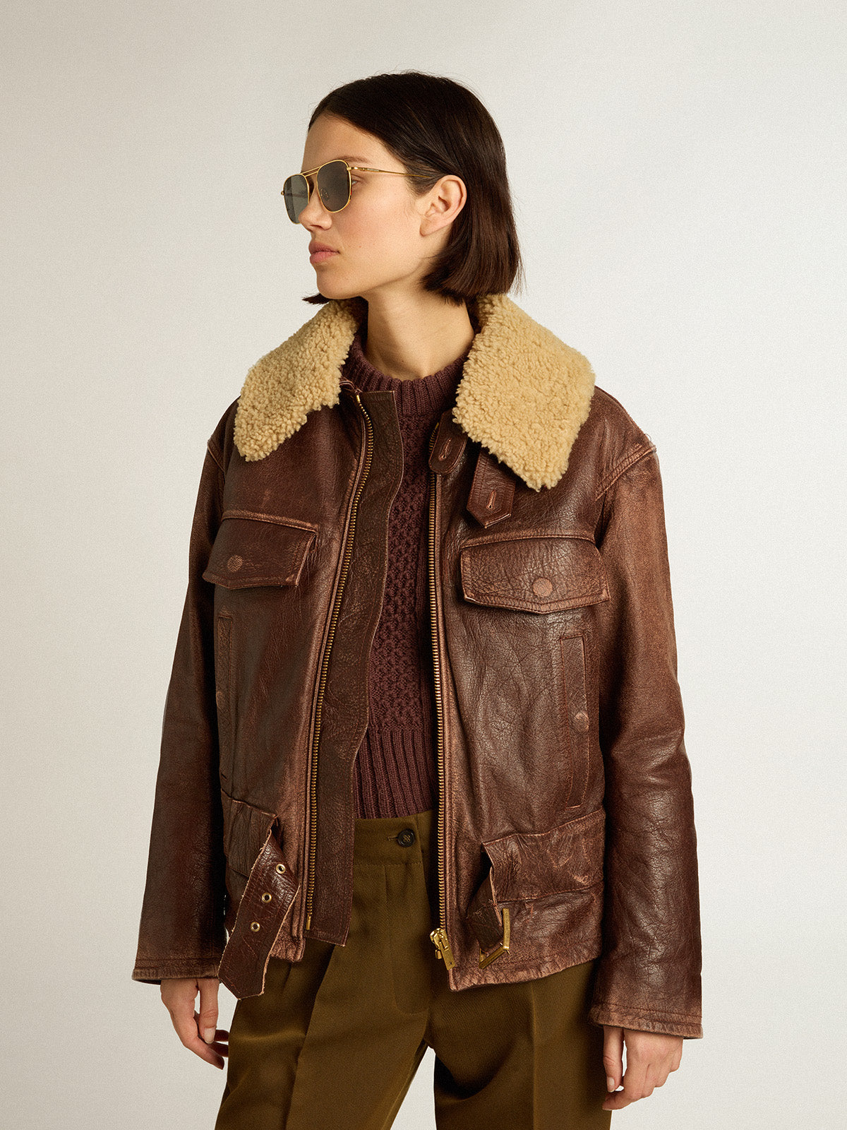 Wood-colored jacket with detachable shearling collar| Golden Goose