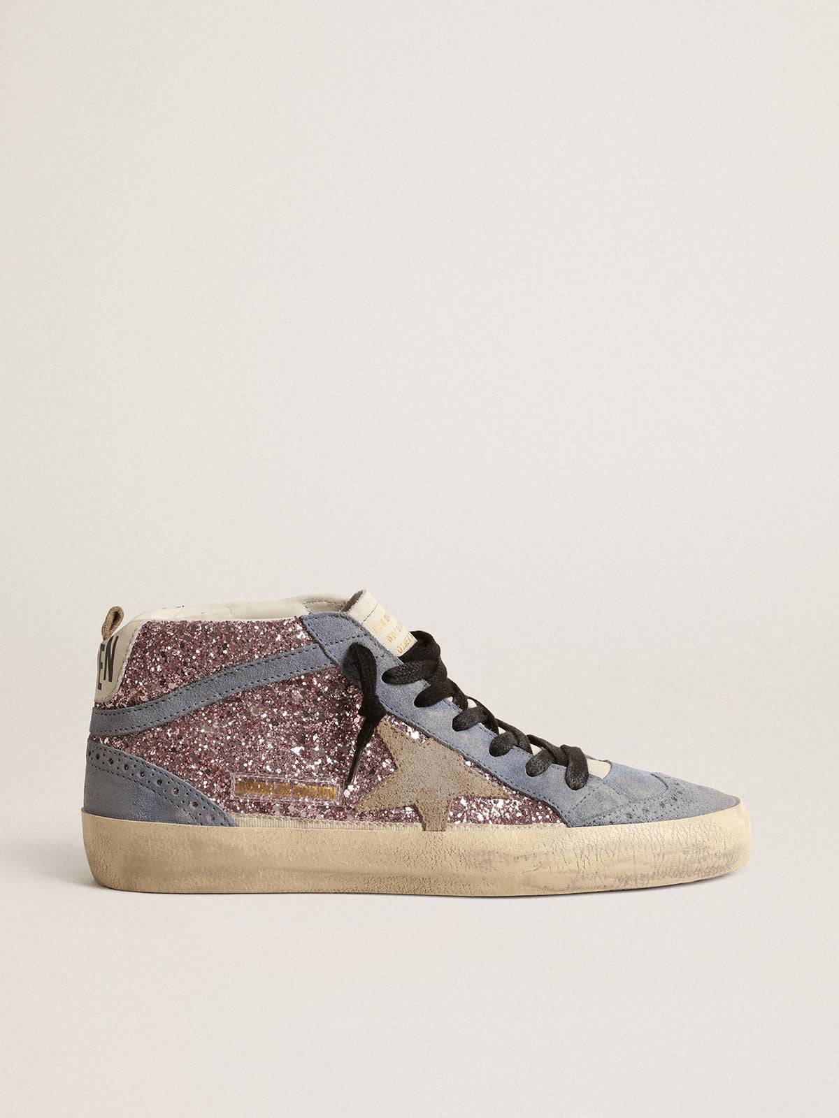 Mid Star LTD in lilac glitter with light blue suede inserts| Golden Goose