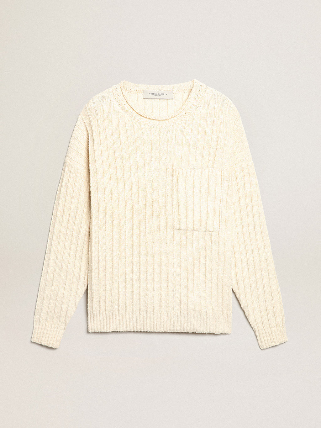 Round-neck sweater in papyrus-colored cotton-blend yarn| Golden Goose