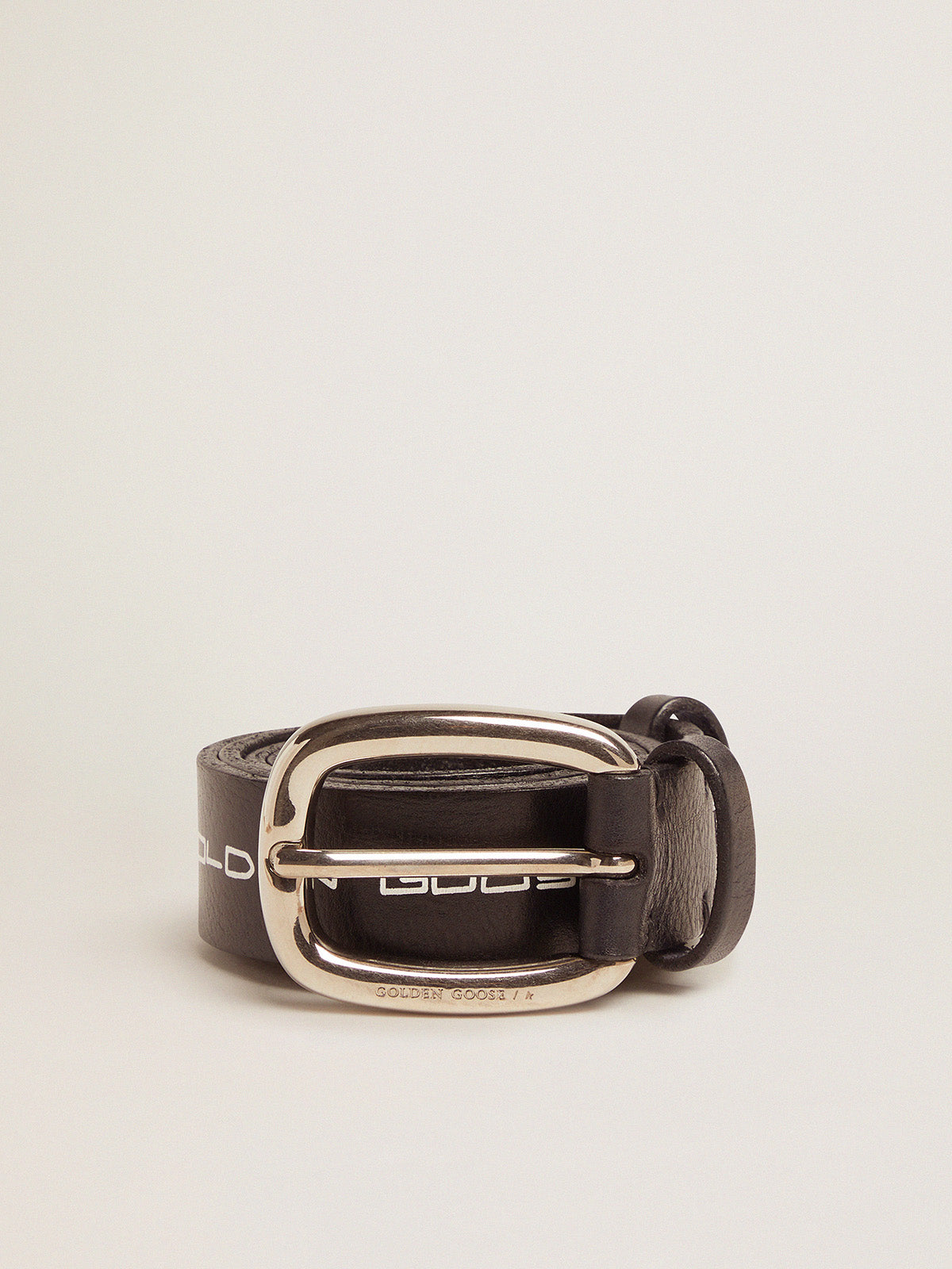 Houston belt in black leather with contrasting handwritten lettering| Golden Goose