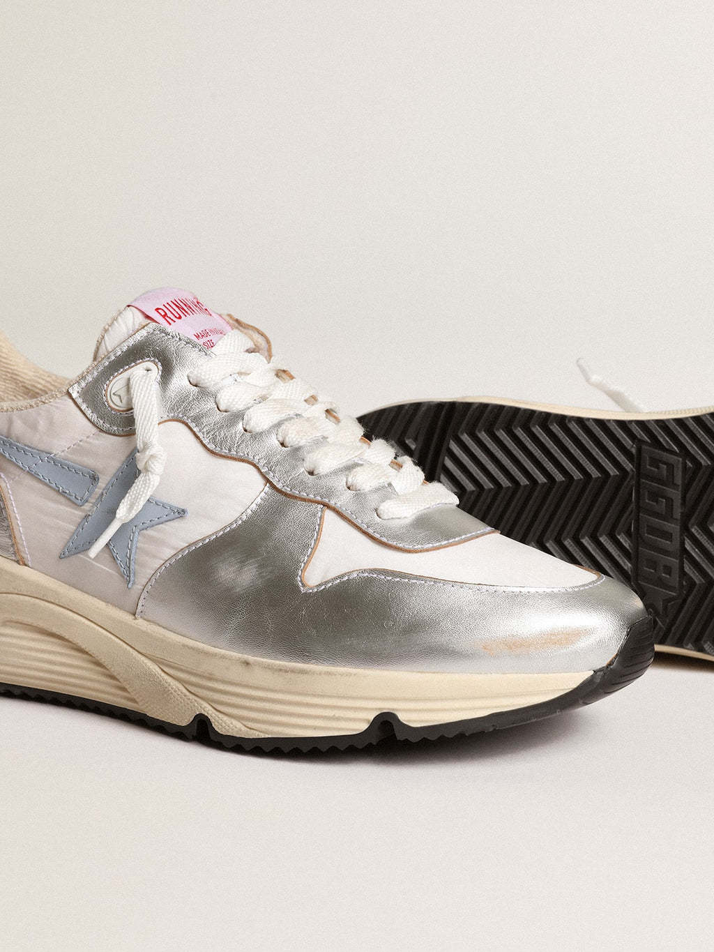 Running Sole in nylon and silver metallic leather with light blue star| Golden Goose
