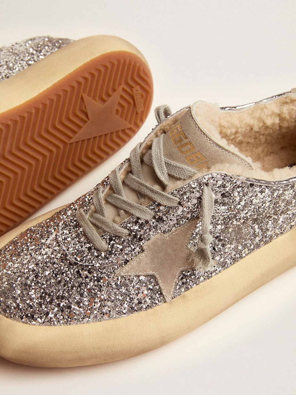 Women's Space-Star shoes in silver glitter with shearling lining| Golden Goose