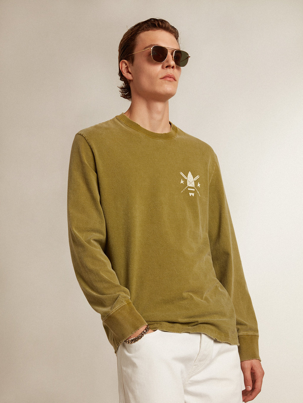 Pesto-green T-shirt with white logo on the front and back| Golden Goose