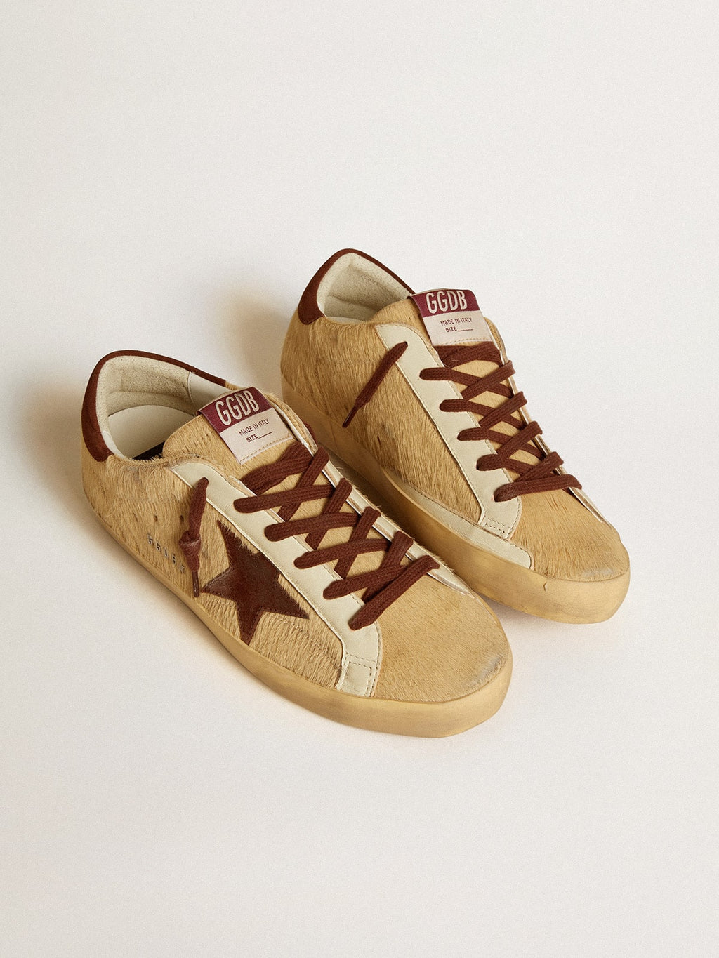 Women's Super-Star in beige pony skin with brown suede star and heel tab| Golden Goose
