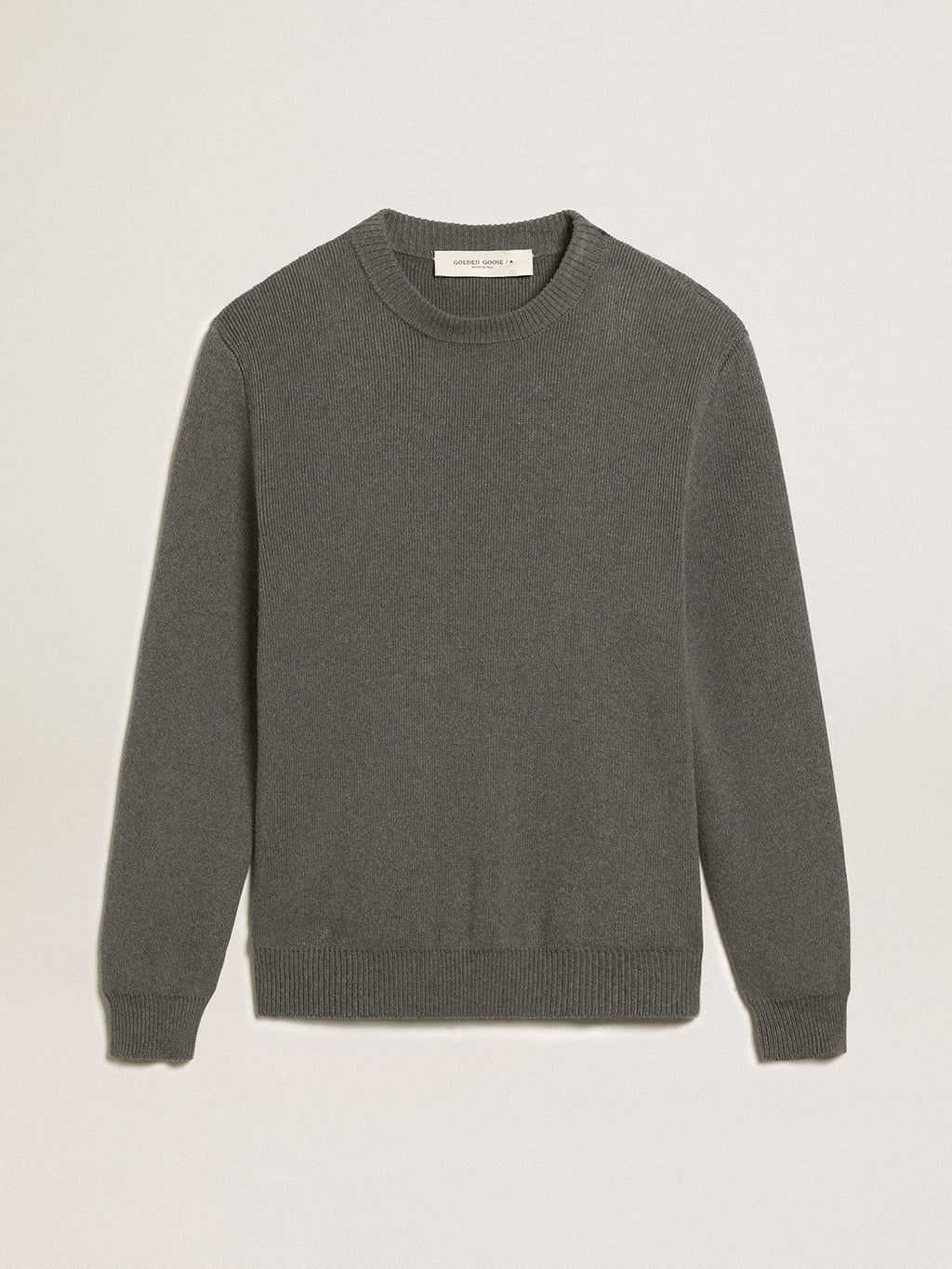 Men's round-neck sweater in dark gray cotton with logo on the back| Golden Goose