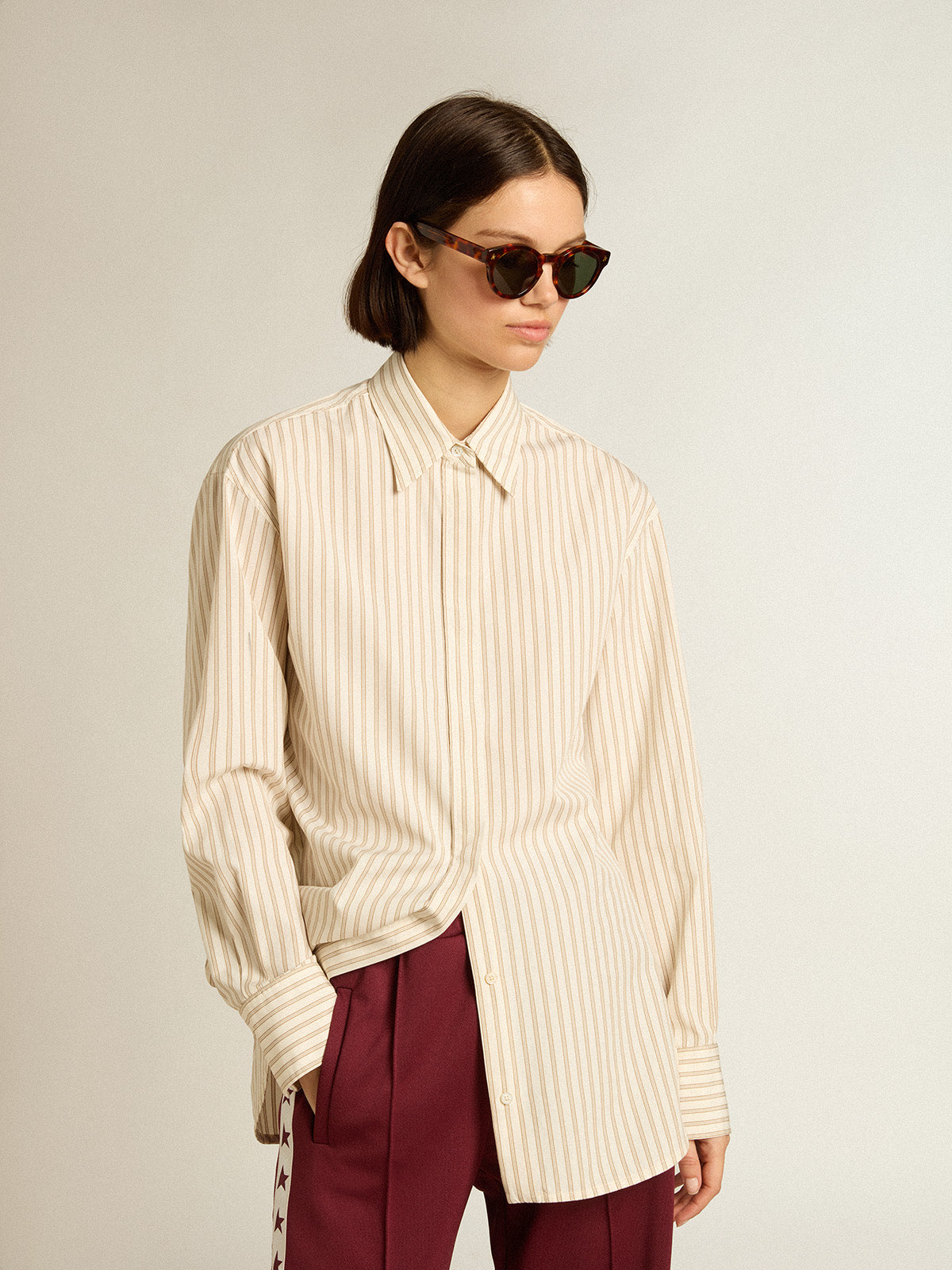 Women's white cotton shirt with beige stripes| Golden Goose