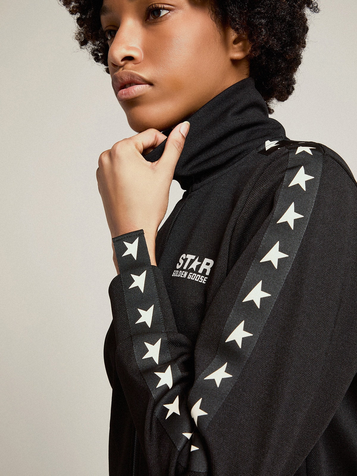 Women's black zipped sweatshirt with white stars| Golden Goose