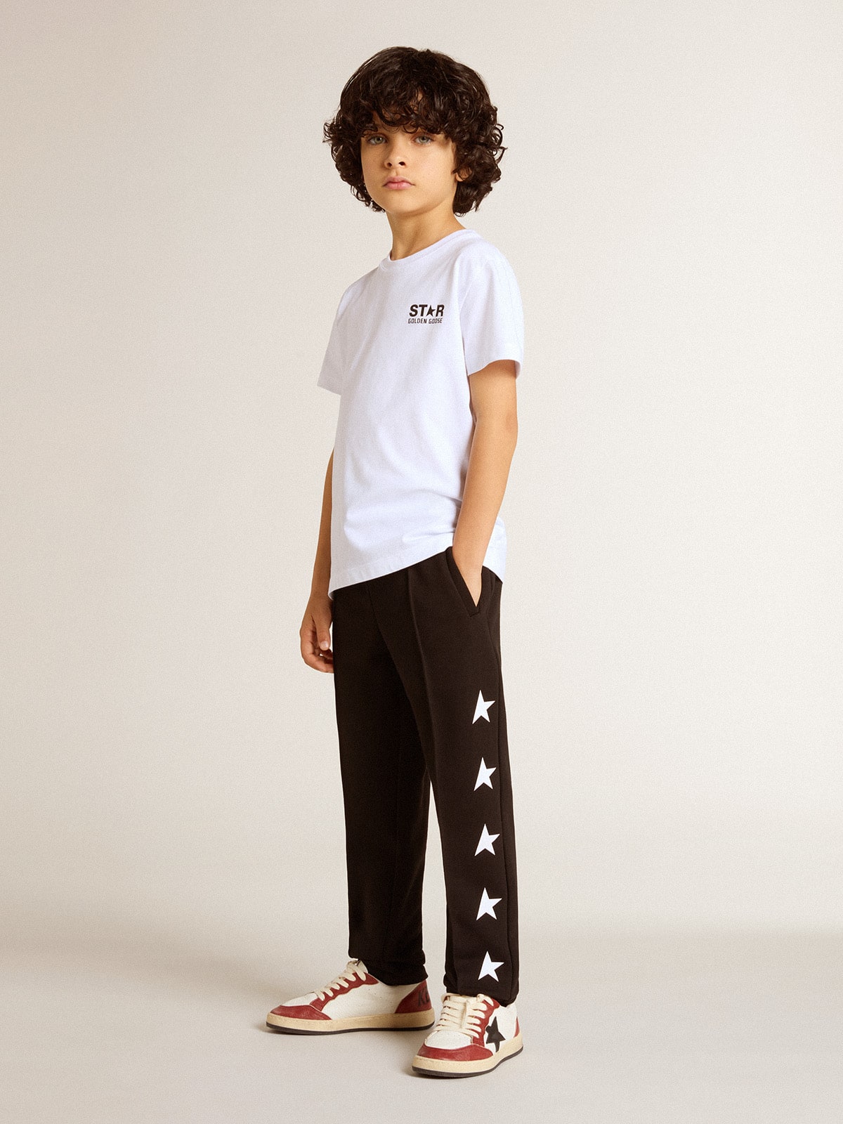 White T-shirt with contrasting black logo and star| Golden Goose