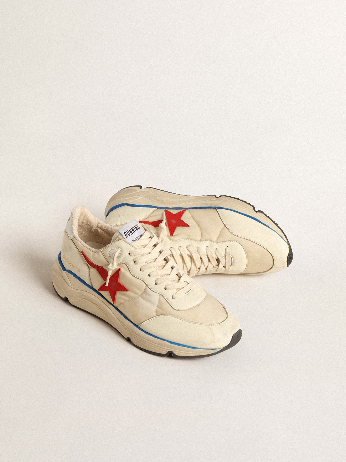 Men's Running Sole LTD in beige nylon with red leather star| Golden Goose