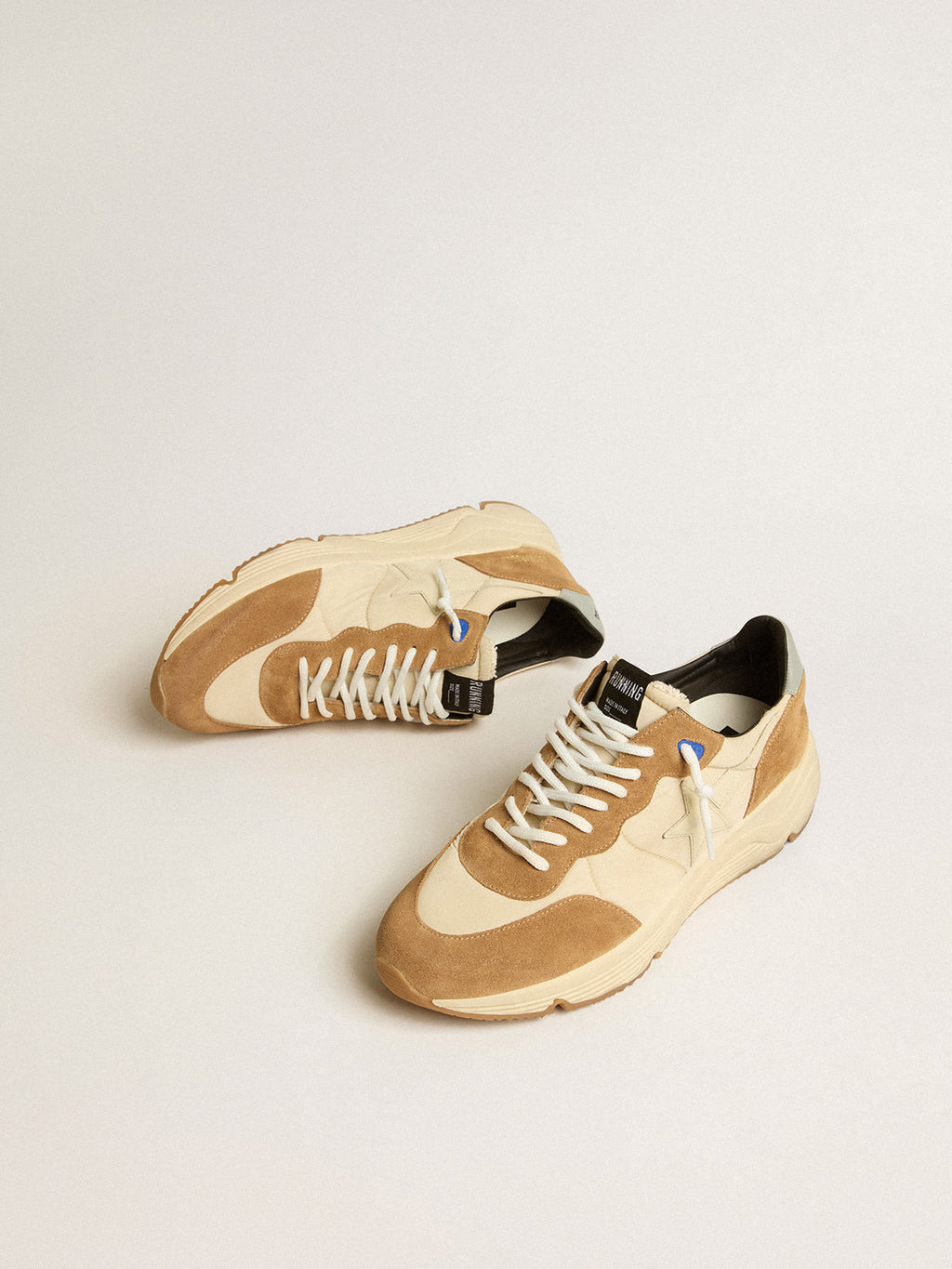 Running Sole in ivory nylon and tobacco suede with ivory leather star| Golden Goose