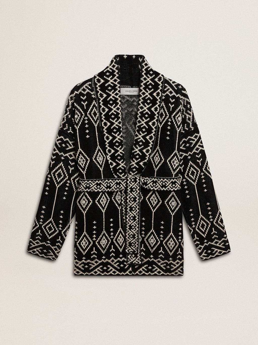 Women's black cardigan with belt and crystals| Golden Goose