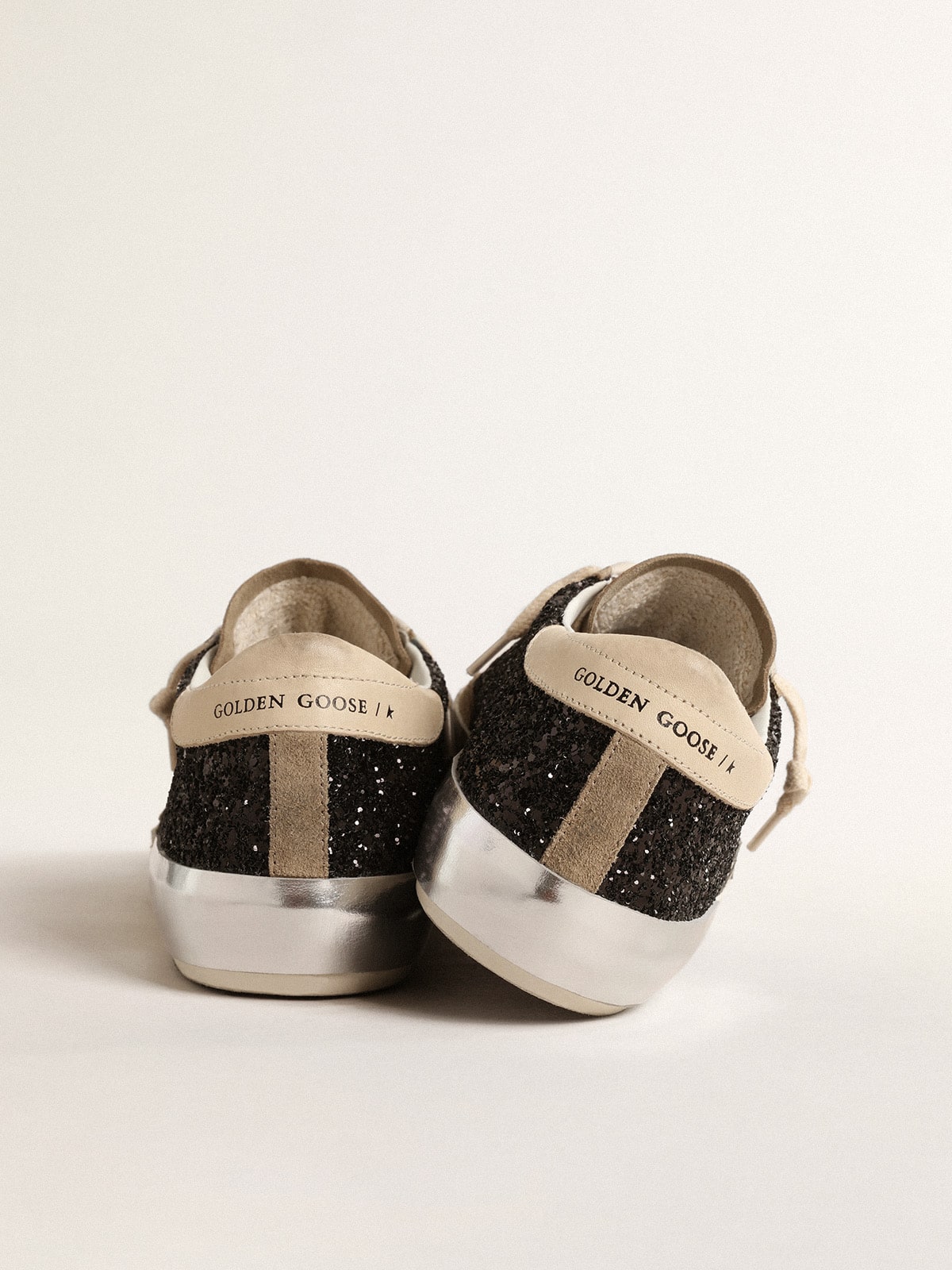 Super-Star in black glitter with cream star and suede inserts| Golden Goose