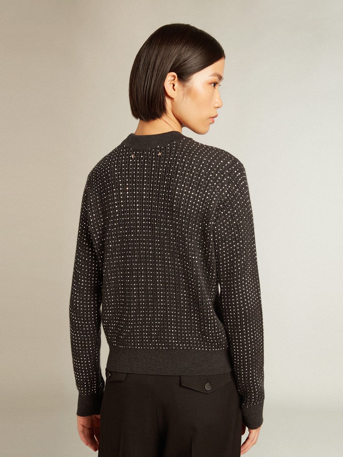 Round-neck sweater in merino wool with all-over crystals| Golden Goose