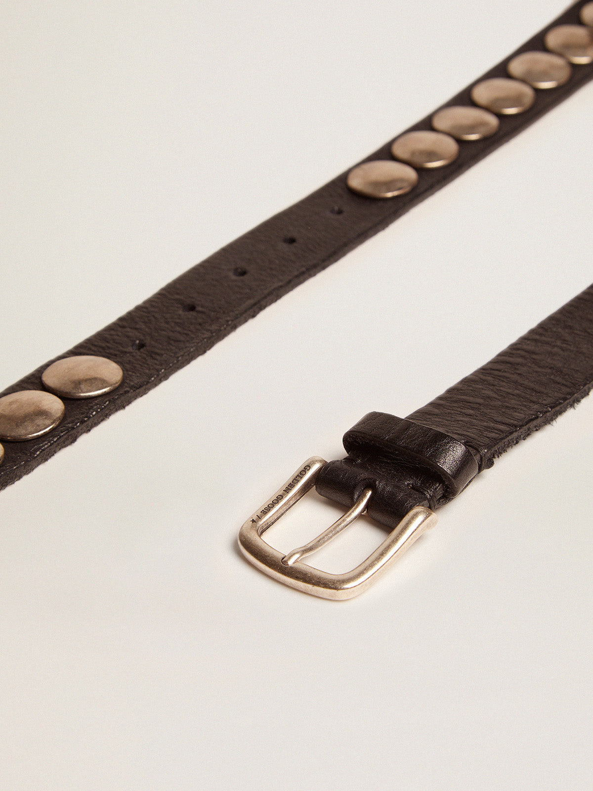 Women's black Trinidad belt in washed leather with silver studs| Golden Goose