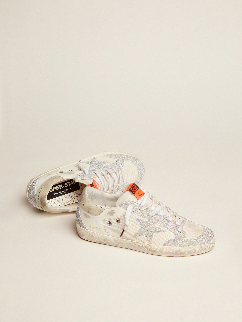Super-Star LTD in white leather and mesh with star and inserts in silver Swarovski micro-crystals| Golden Goose