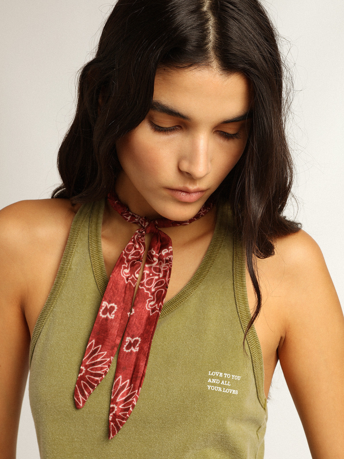 Pesto-green tank top with white lettering on the front| Golden Goose