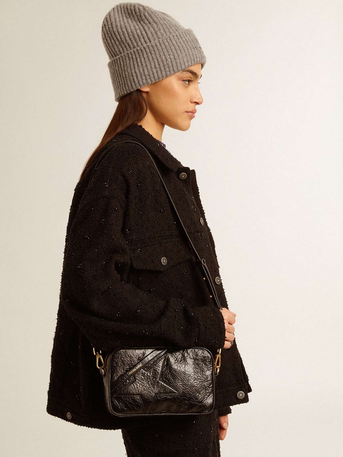Star Bag in glossy black leather with tone-on-tone star| Golden Goose